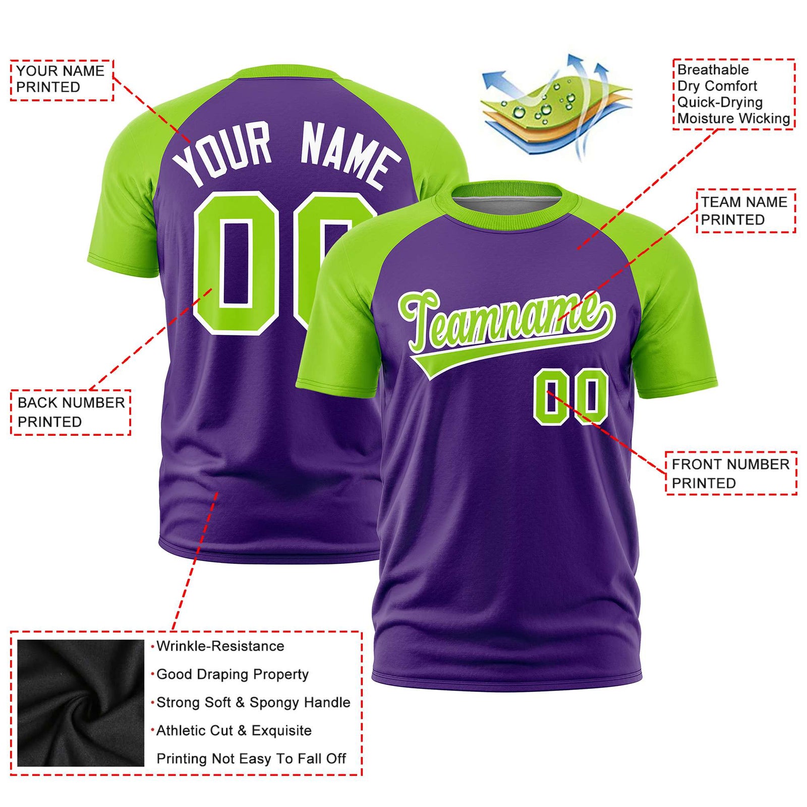 Custom Purple Neon Green Raglan Sleeves Performance T-Shirt
