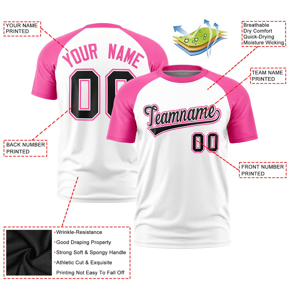 Custom White Pink Raglan Sleeves Performance T-Shirt