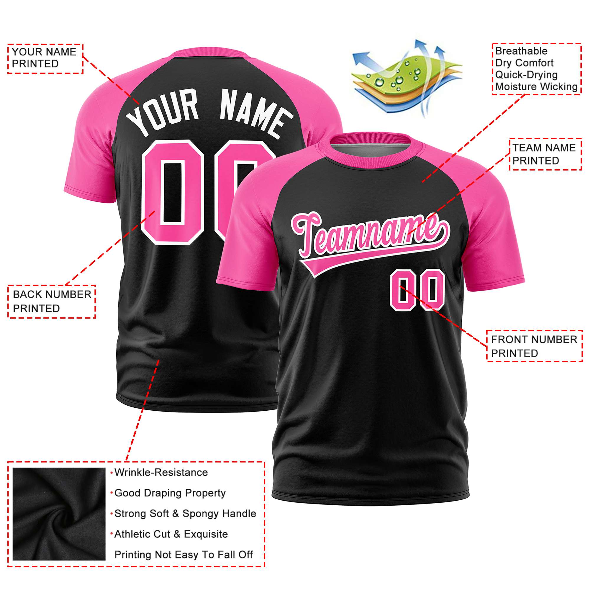 Custom Black Pink Raglan Sleeves Performance T-Shirt