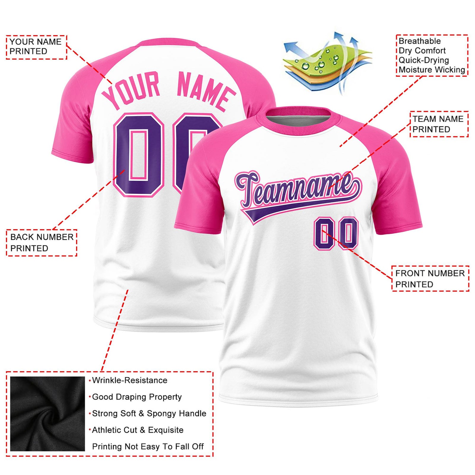 Custom White Pink Raglan Sleeves Performance T-Shirt