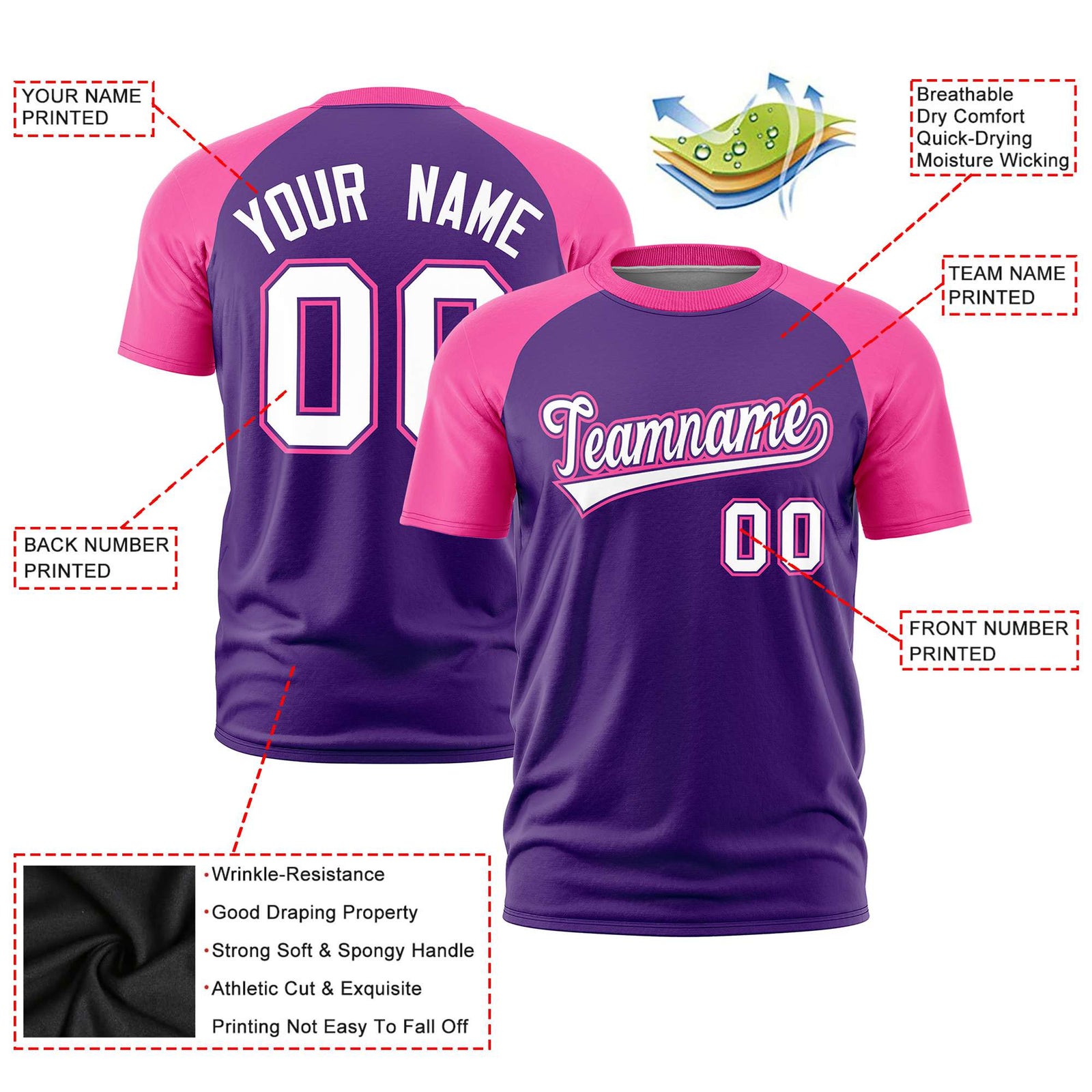 Custom Purple Pink Raglan Sleeves Performance T-Shirt