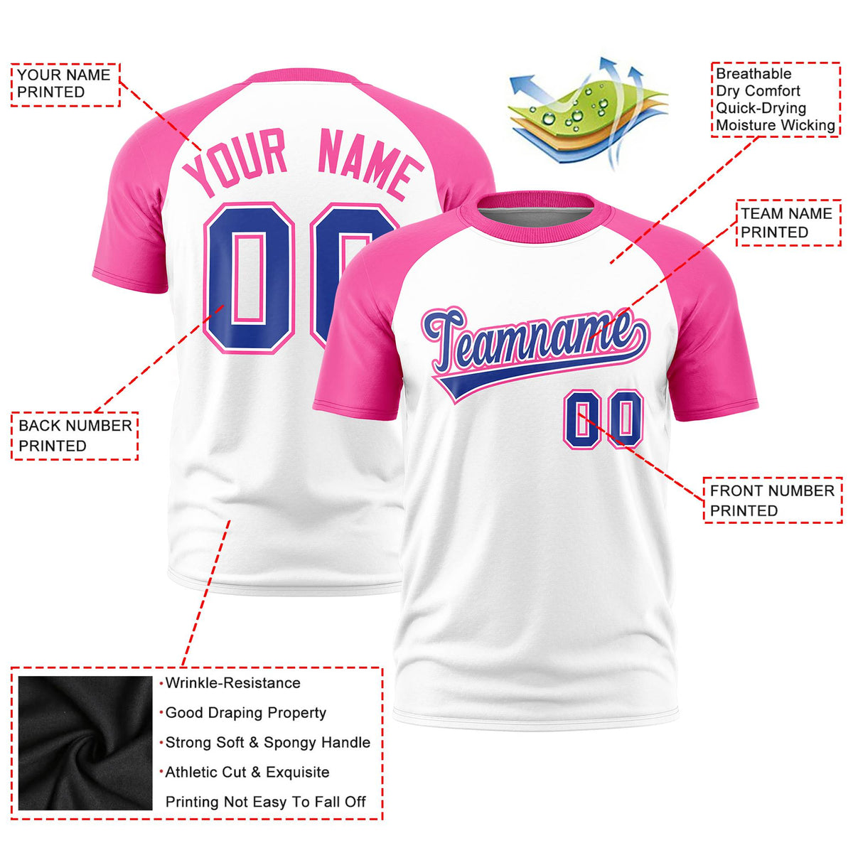 Custom White Pink Raglan Sleeves Performance T-Shirt