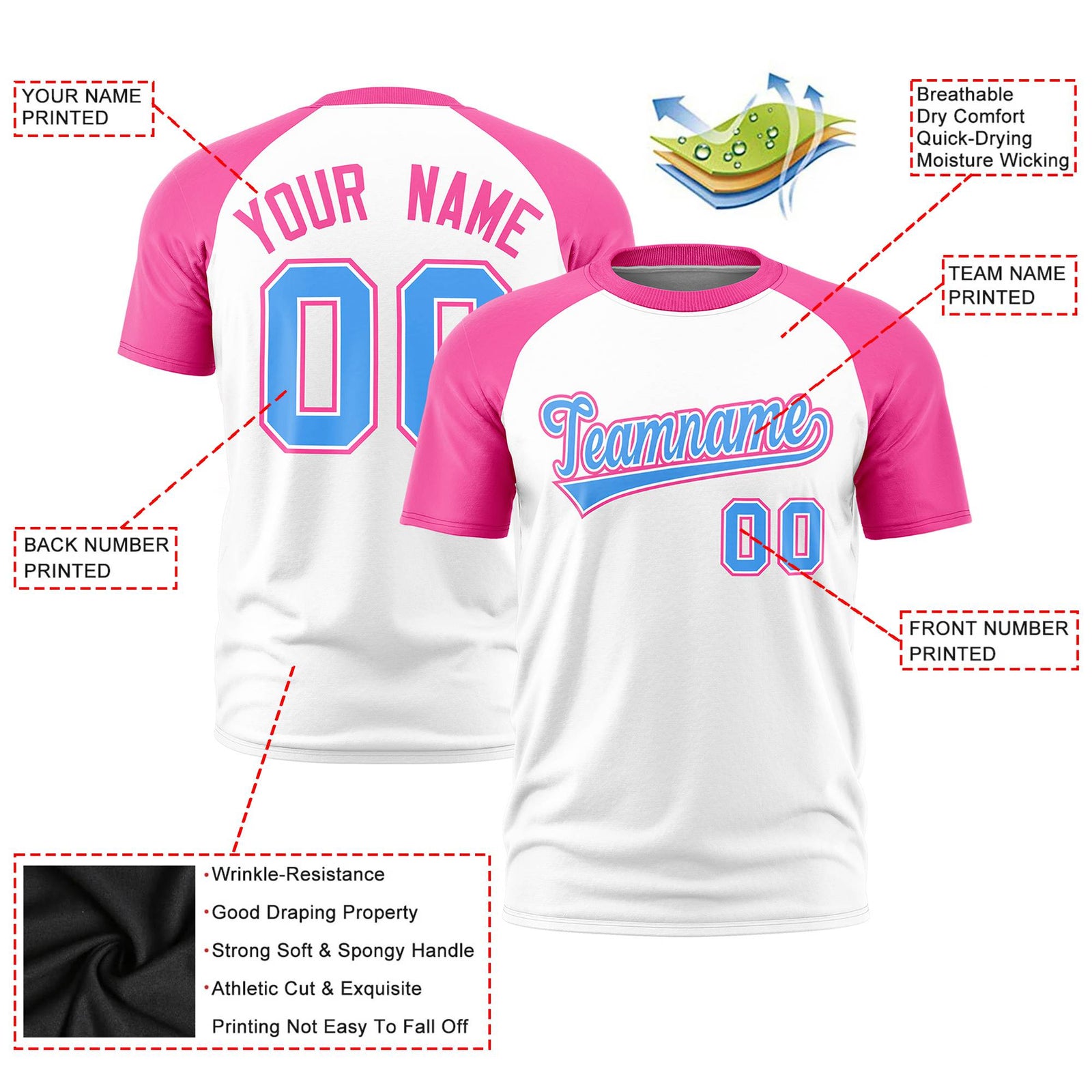 Custom White Pink Raglan Sleeves Performance T-Shirt