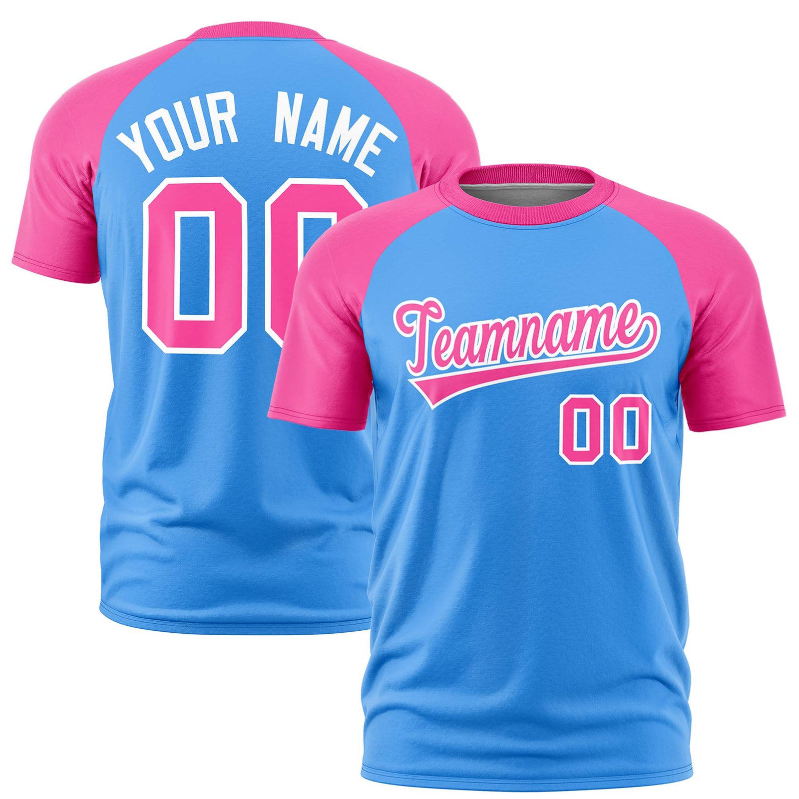 Custom Powder Blue Pink Raglan Sleeves Performance T-Shirt