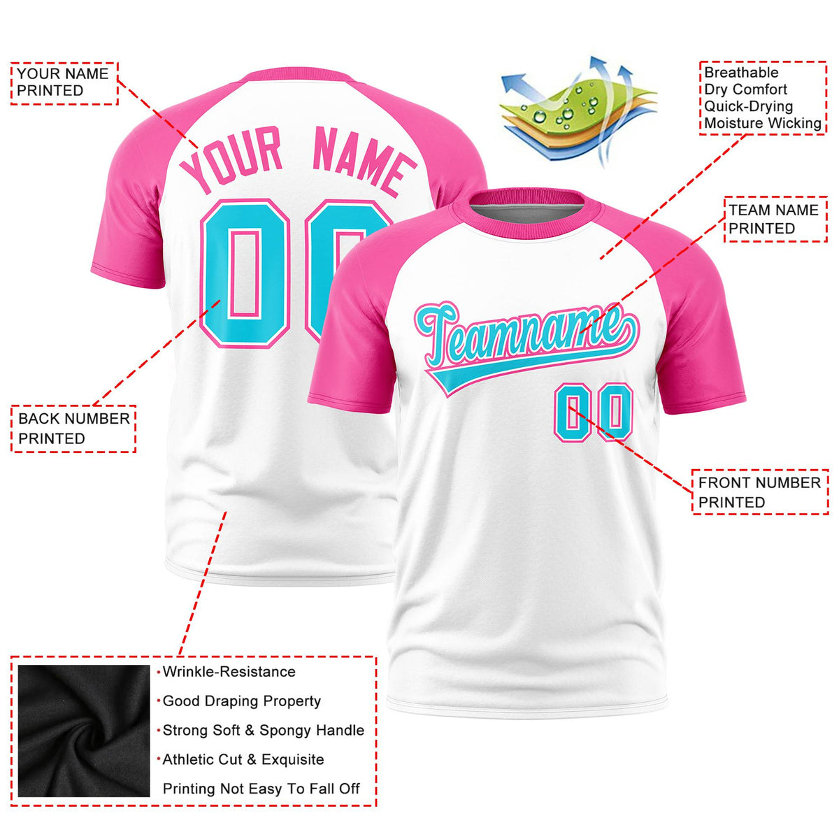 Custom White Pink Raglan Sleeves Performance T-Shirt