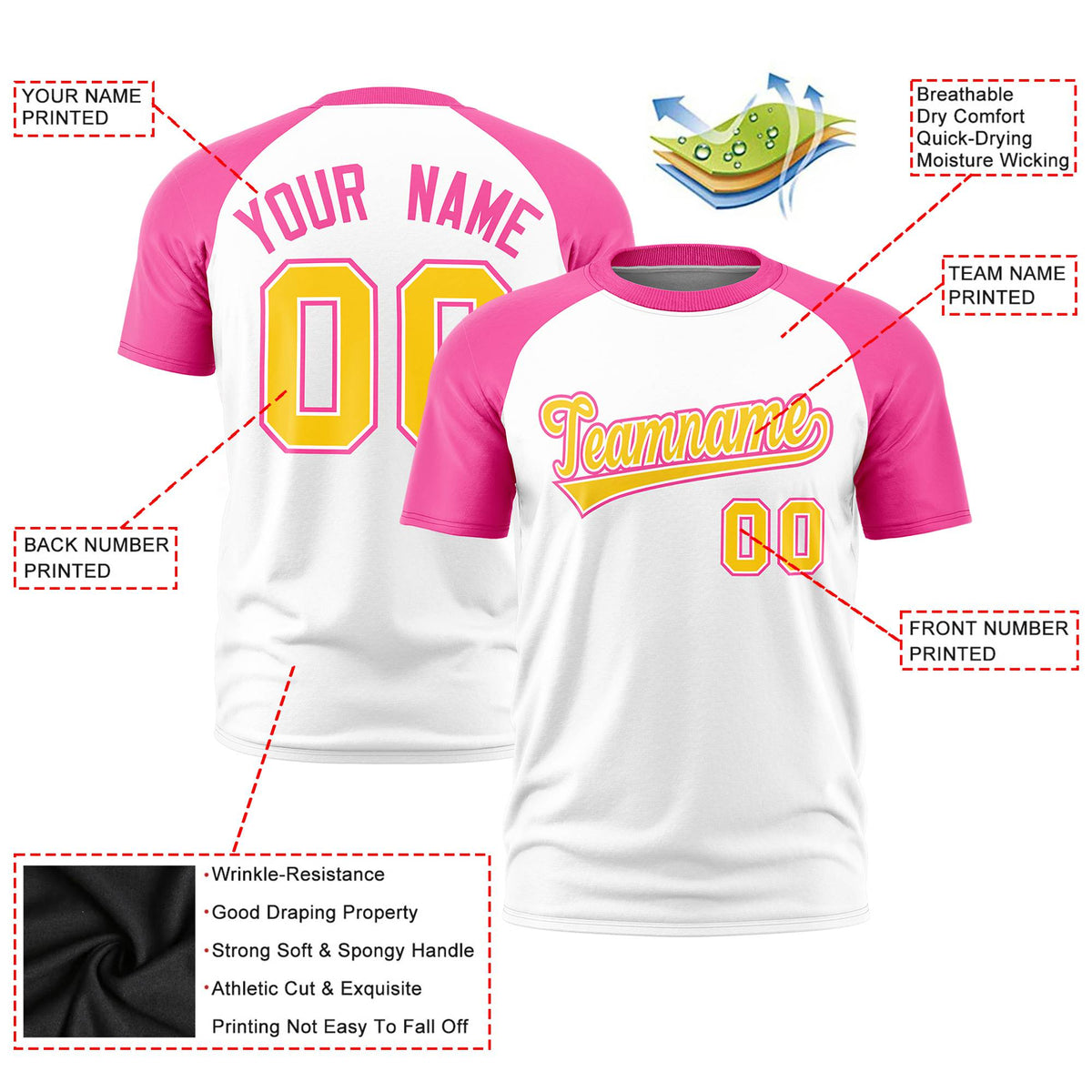 Custom White Pink Raglan Sleeves Performance T-Shirt