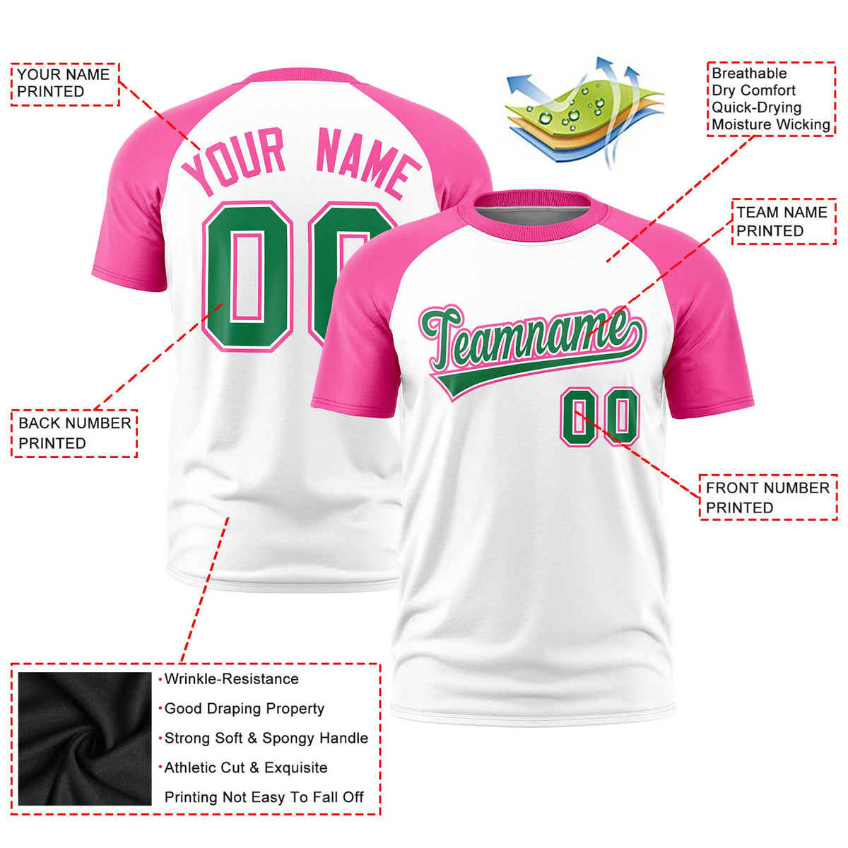Custom White Pink Raglan Sleeves Performance T-Shirt