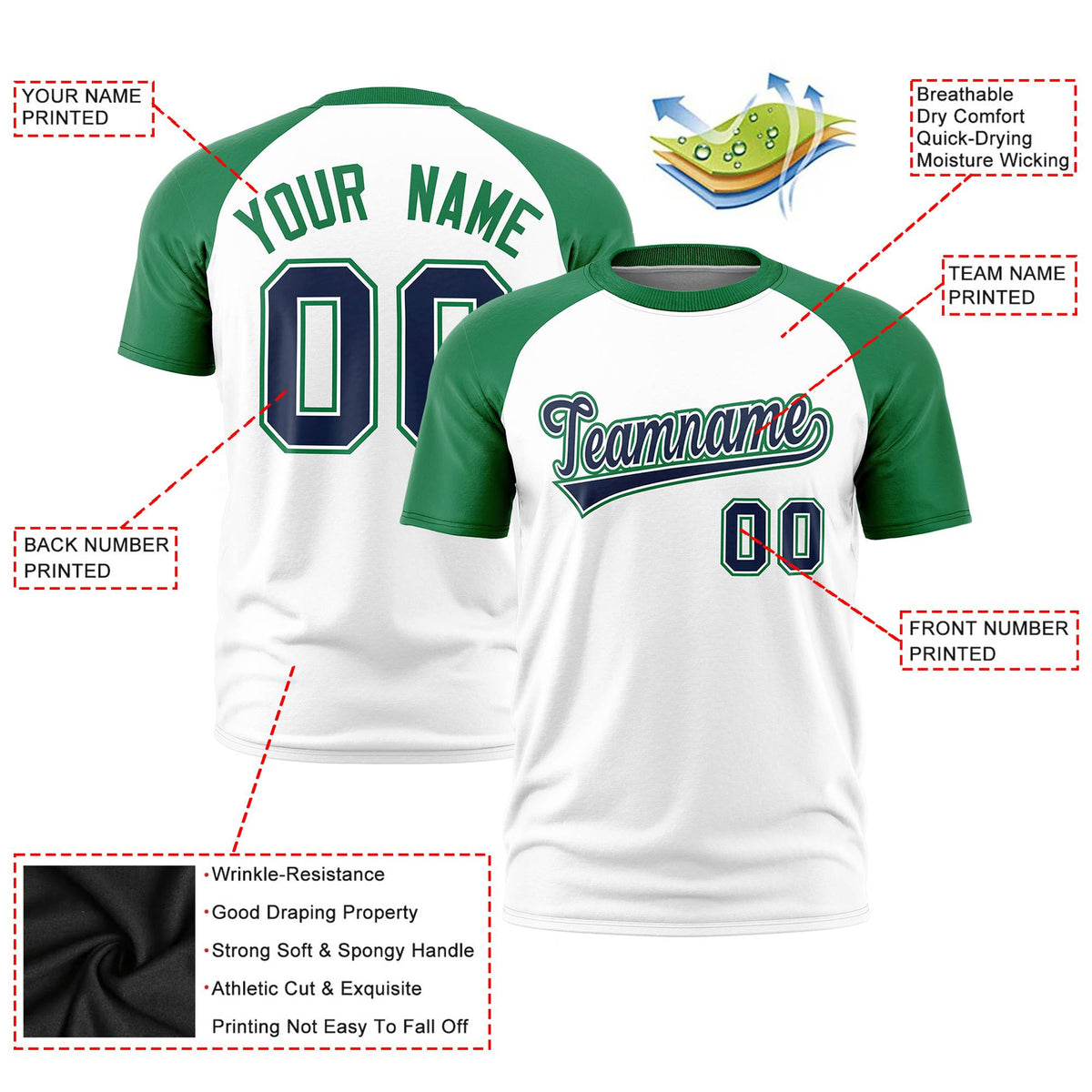 Custom White Kelly Green Raglan Sleeves Performance T-Shirt