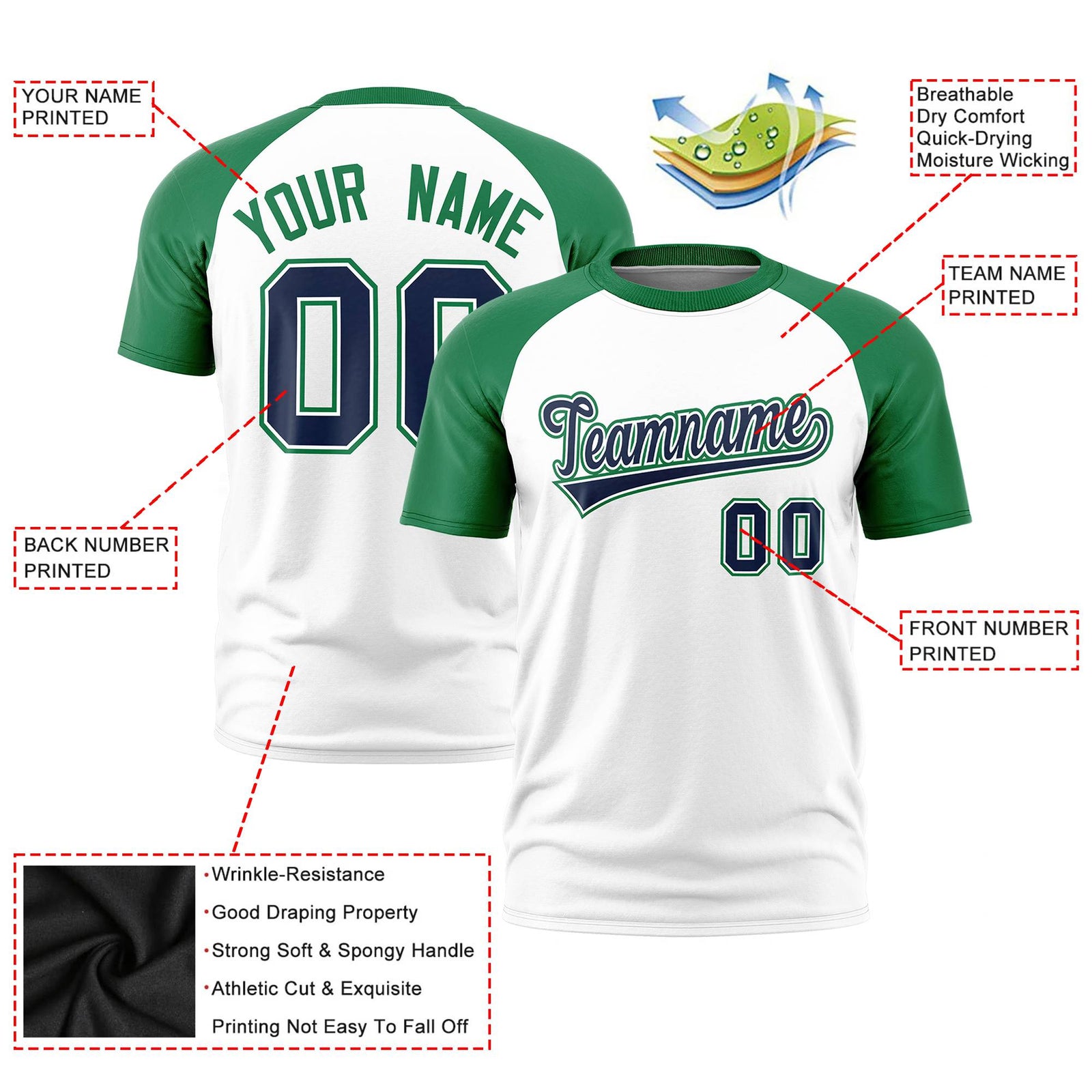 Custom White Kelly Green Raglan Sleeves Performance T-Shirt