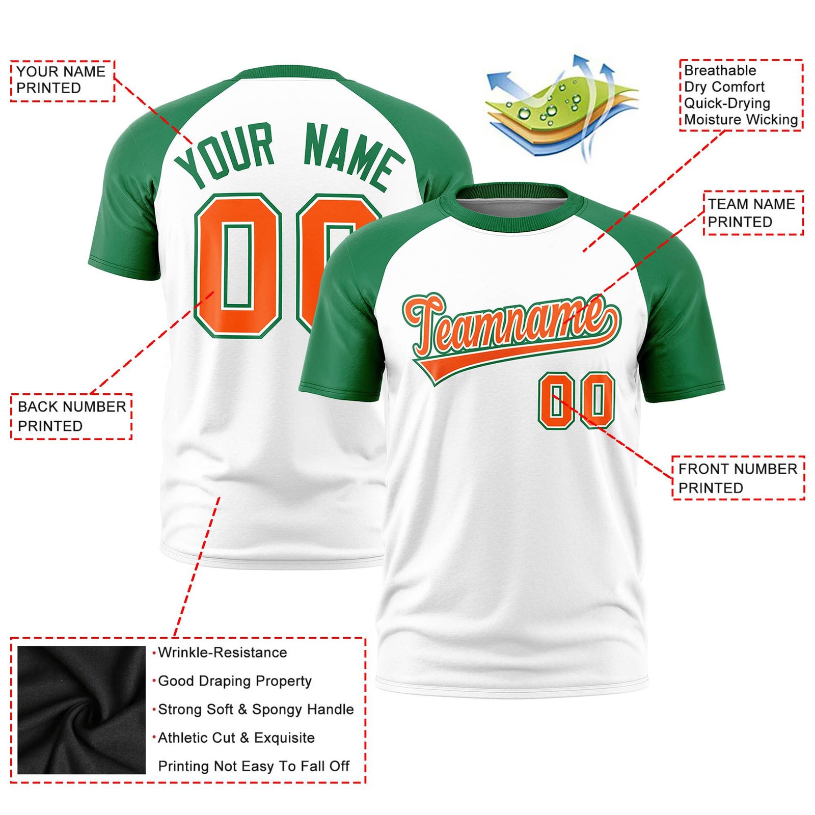 Custom White Kelly Green Raglan Sleeves Performance T-Shirt