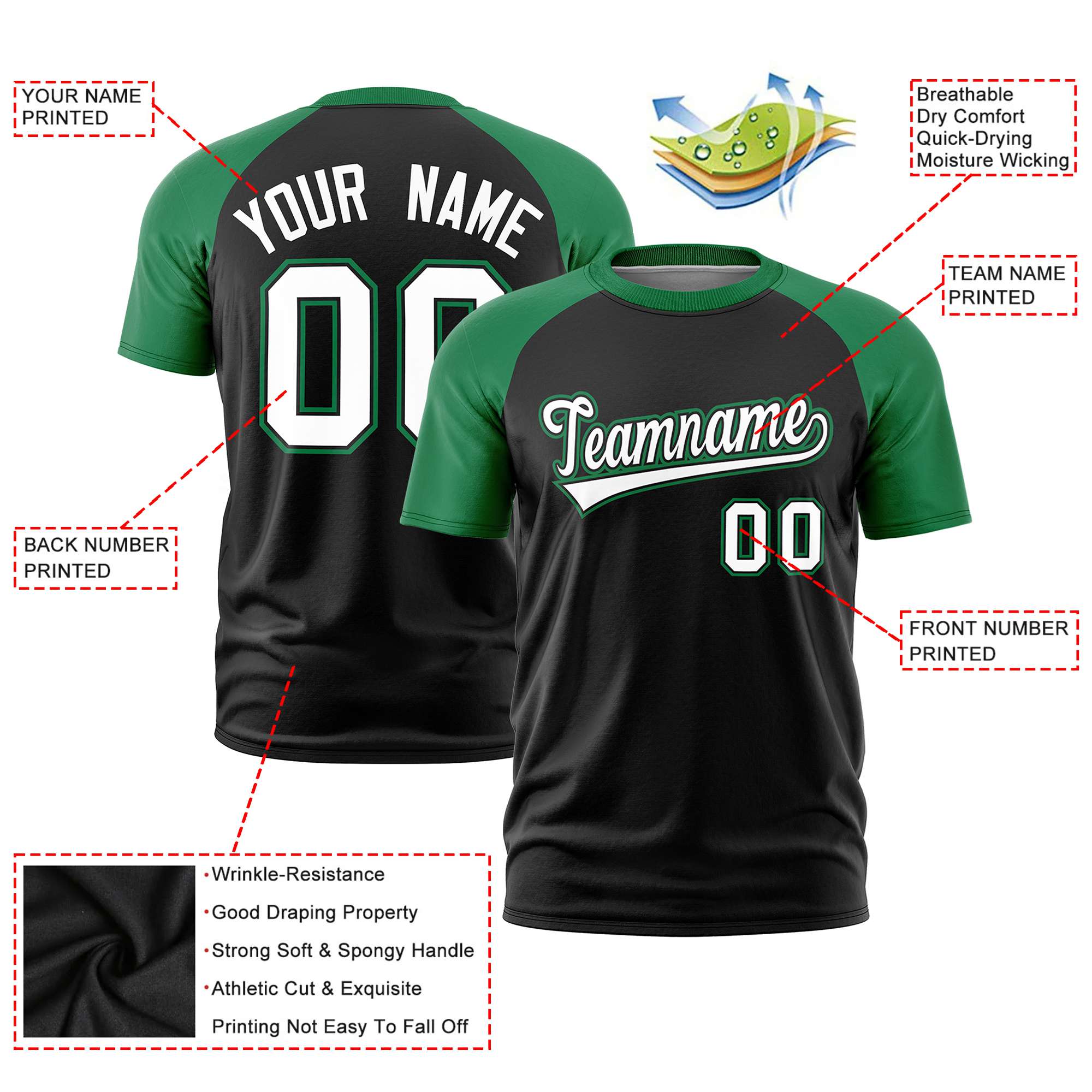 Custom Black Kelly Green Raglan Sleeves Performance T-Shirt