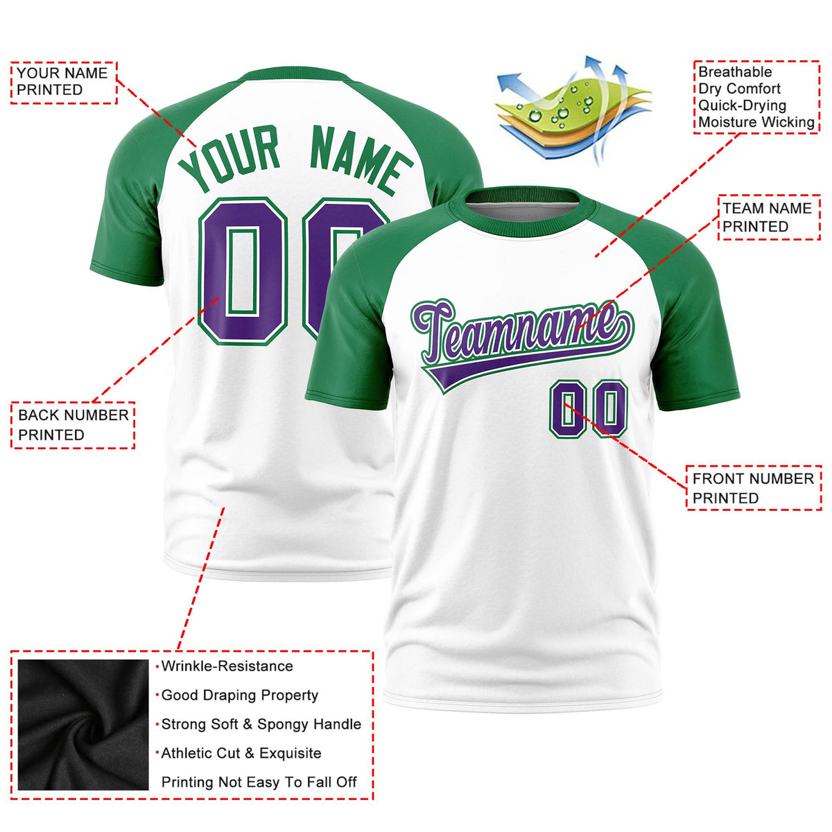 Custom White Kelly Green Raglan Sleeves Performance T-Shirt