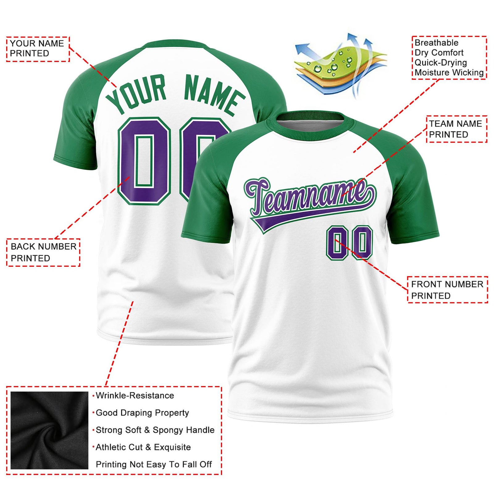 Custom White Kelly Green Raglan Sleeves Performance T-Shirt