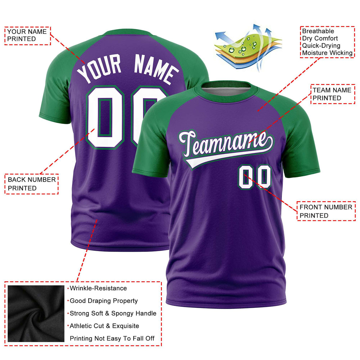 Custom Purple Kelly Green Raglan Sleeves Performance T-Shirt