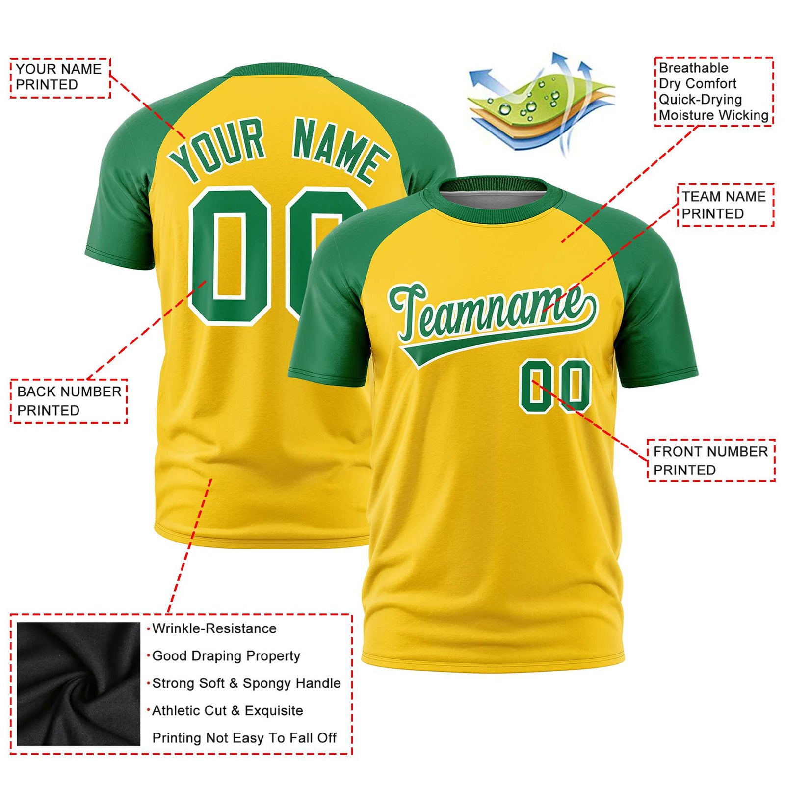 Custom Yellow Kelly Green Raglan Sleeves Performance T-Shirt