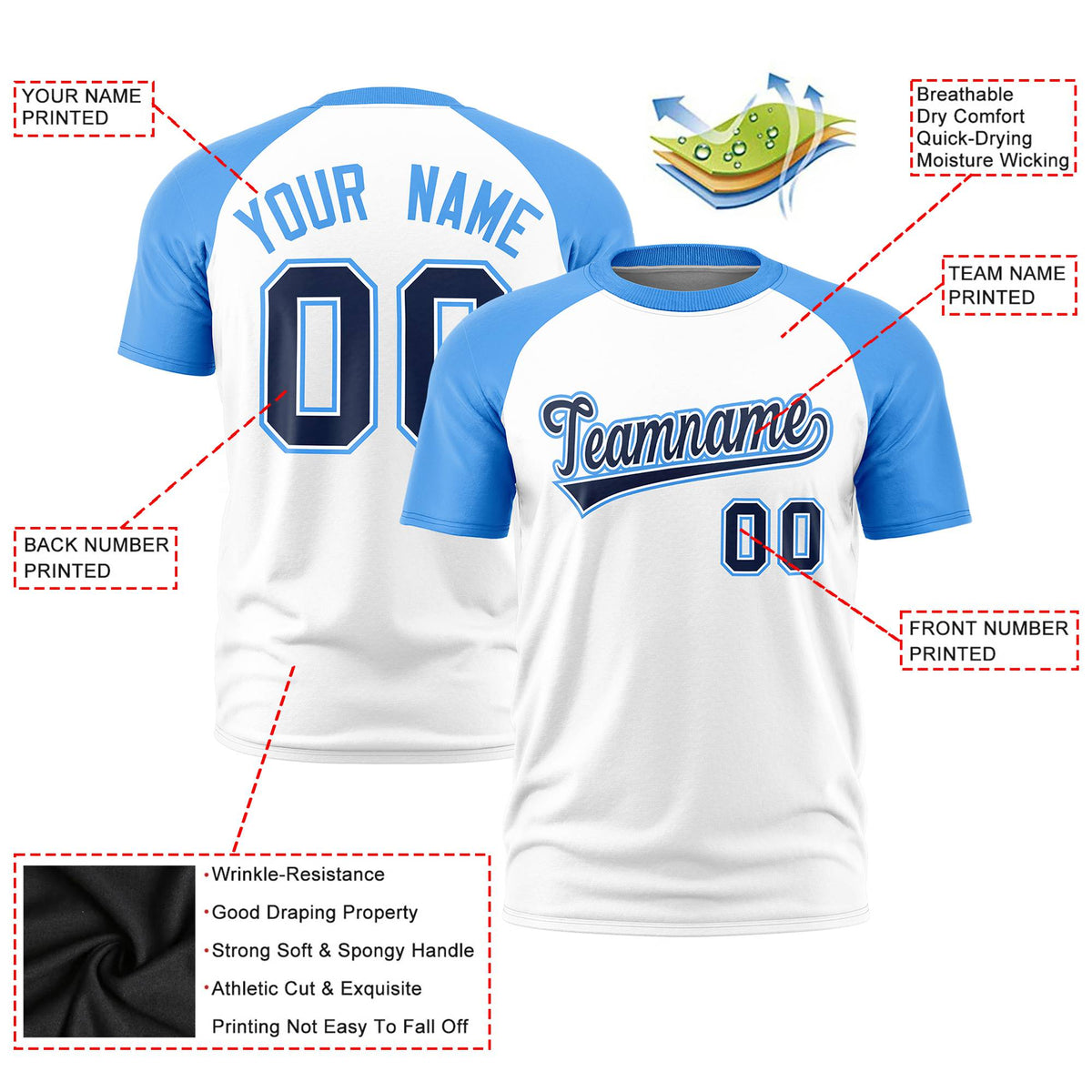 Custom White Powder Blue Raglan Sleeves Performance T-Shirt