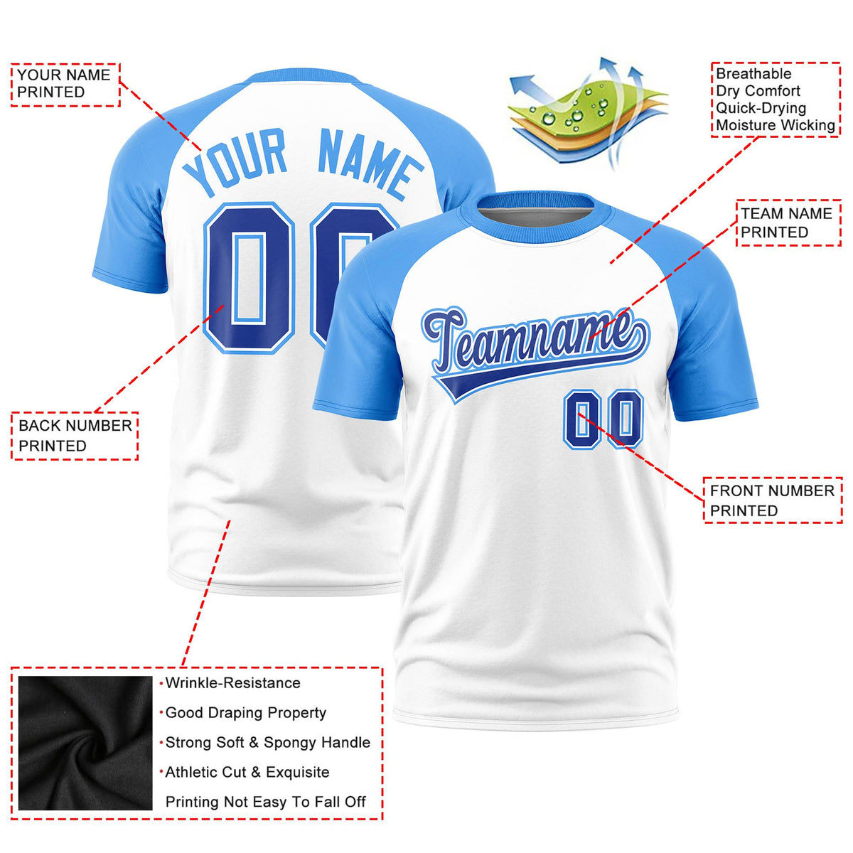 Custom White Powder Blue Raglan Sleeves Performance T-Shirt