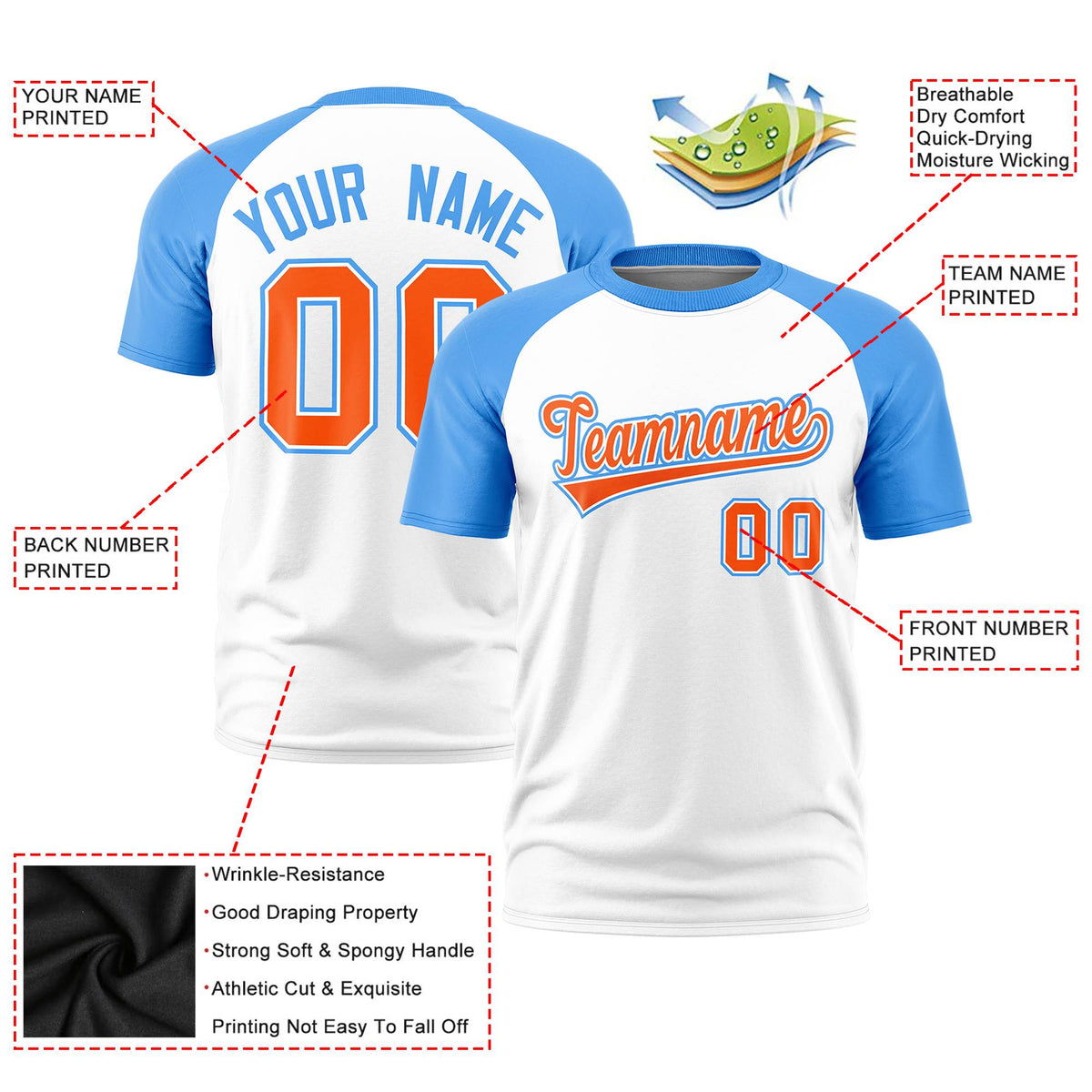 Custom White Powder Blue Raglan Sleeves Performance T-Shirt