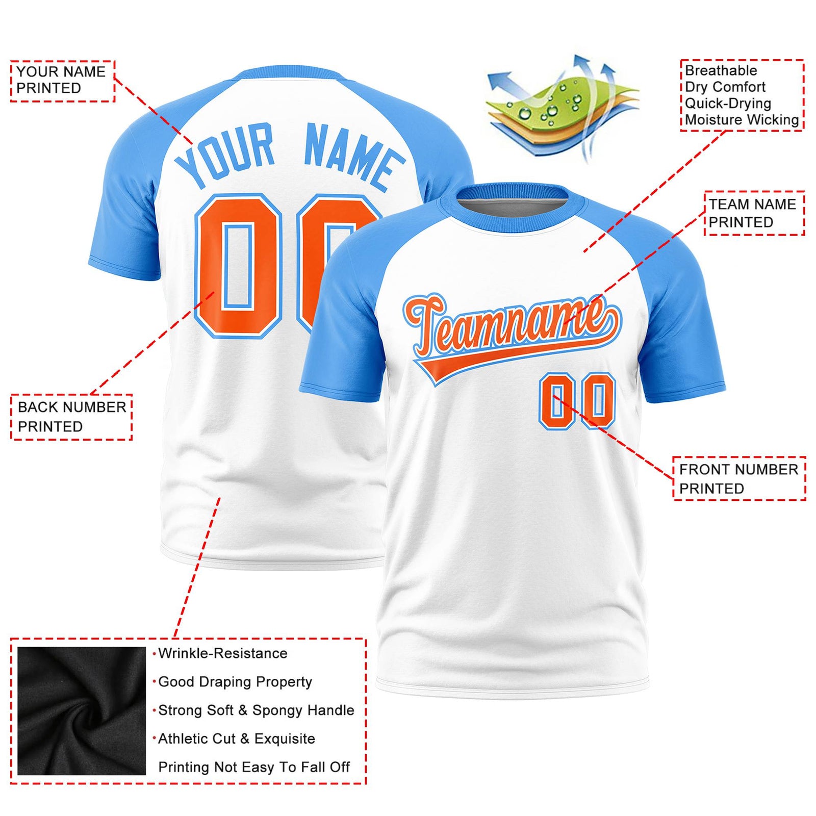 Custom White Powder Blue Raglan Sleeves Performance T-Shirt