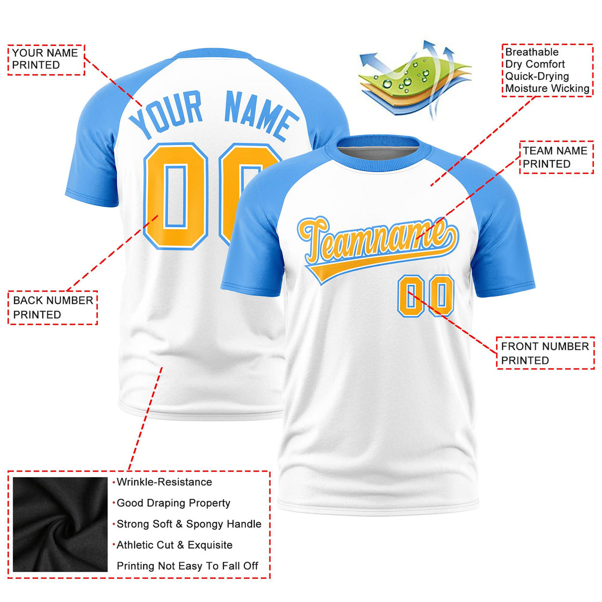 Custom White Powder Blue Raglan Sleeves Performance T-Shirt