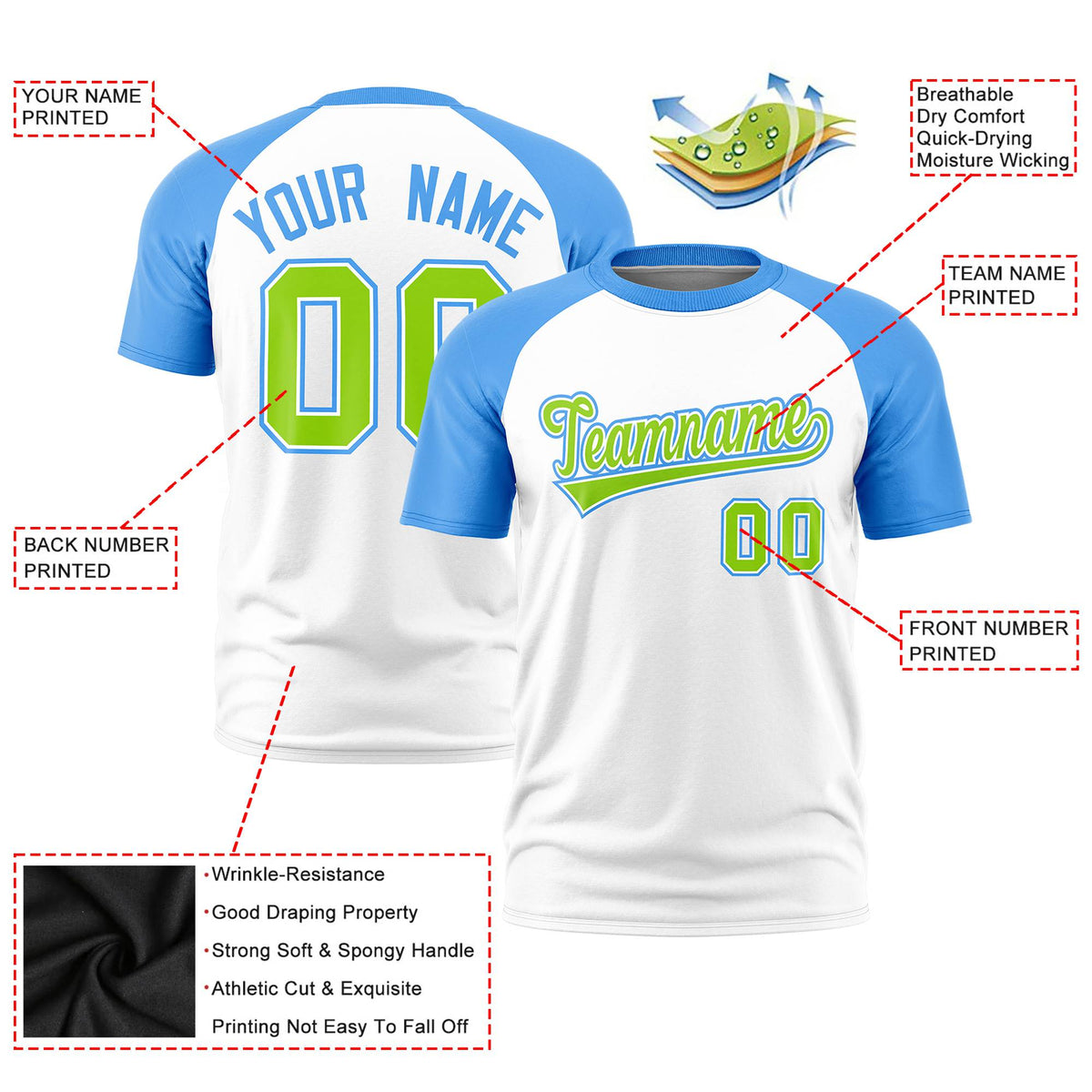 Custom White Powder Blue Raglan Sleeves Performance T-Shirt