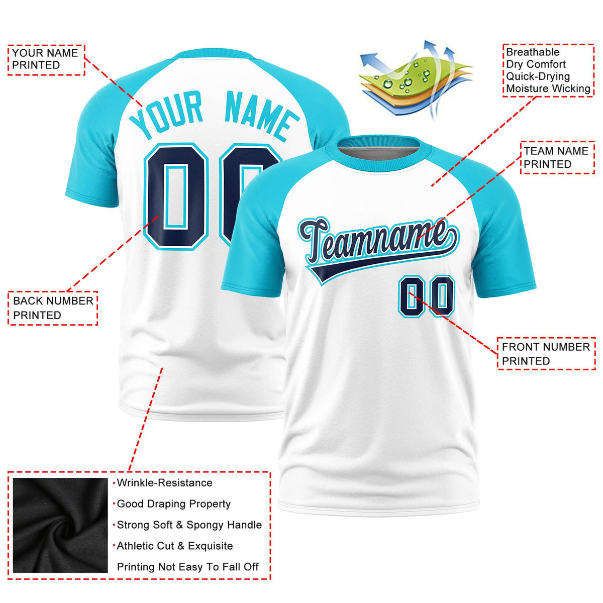 Custom White Sky Blue Raglan Sleeves Performance T-Shirt