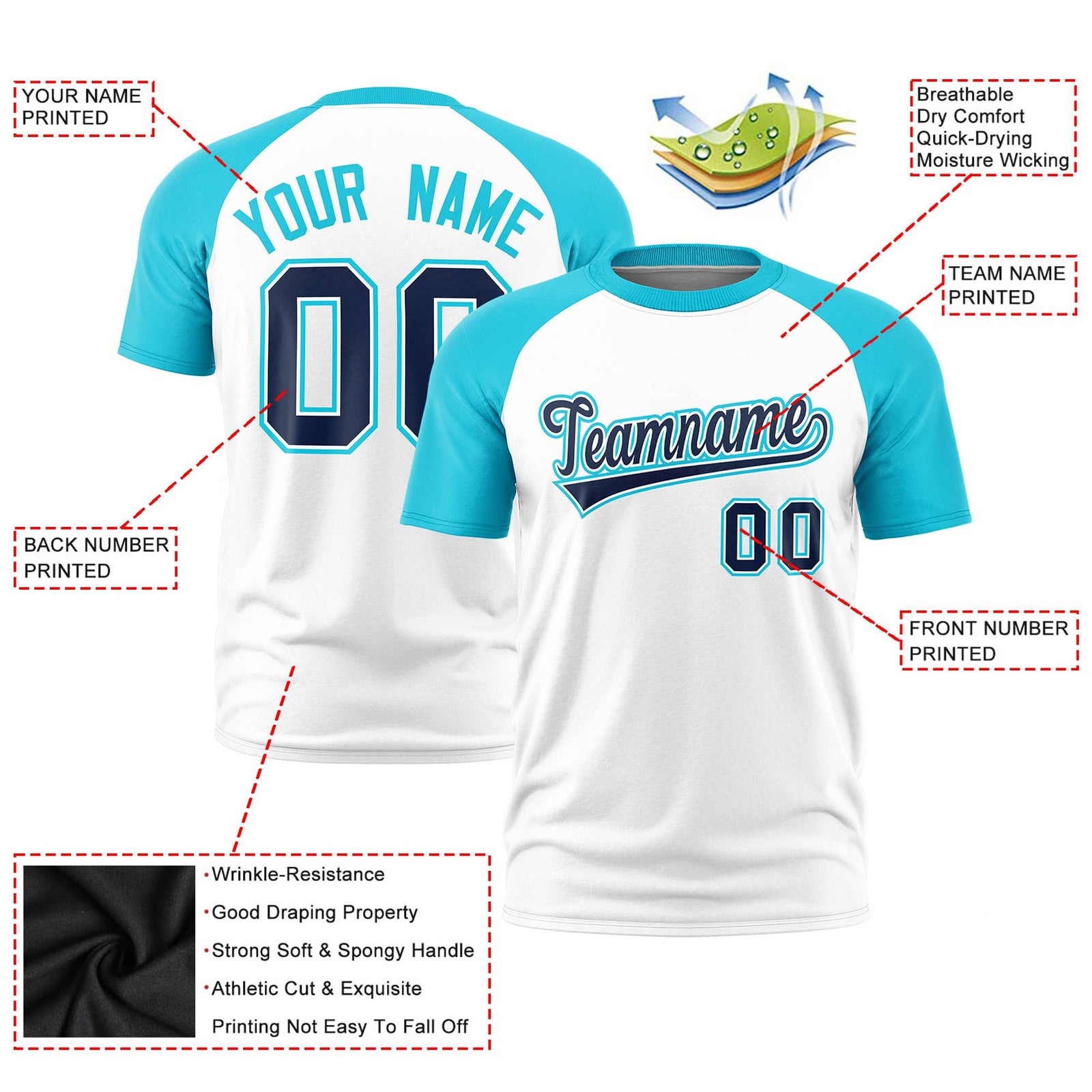 Custom White Sky Blue Raglan Sleeves Performance T-Shirt