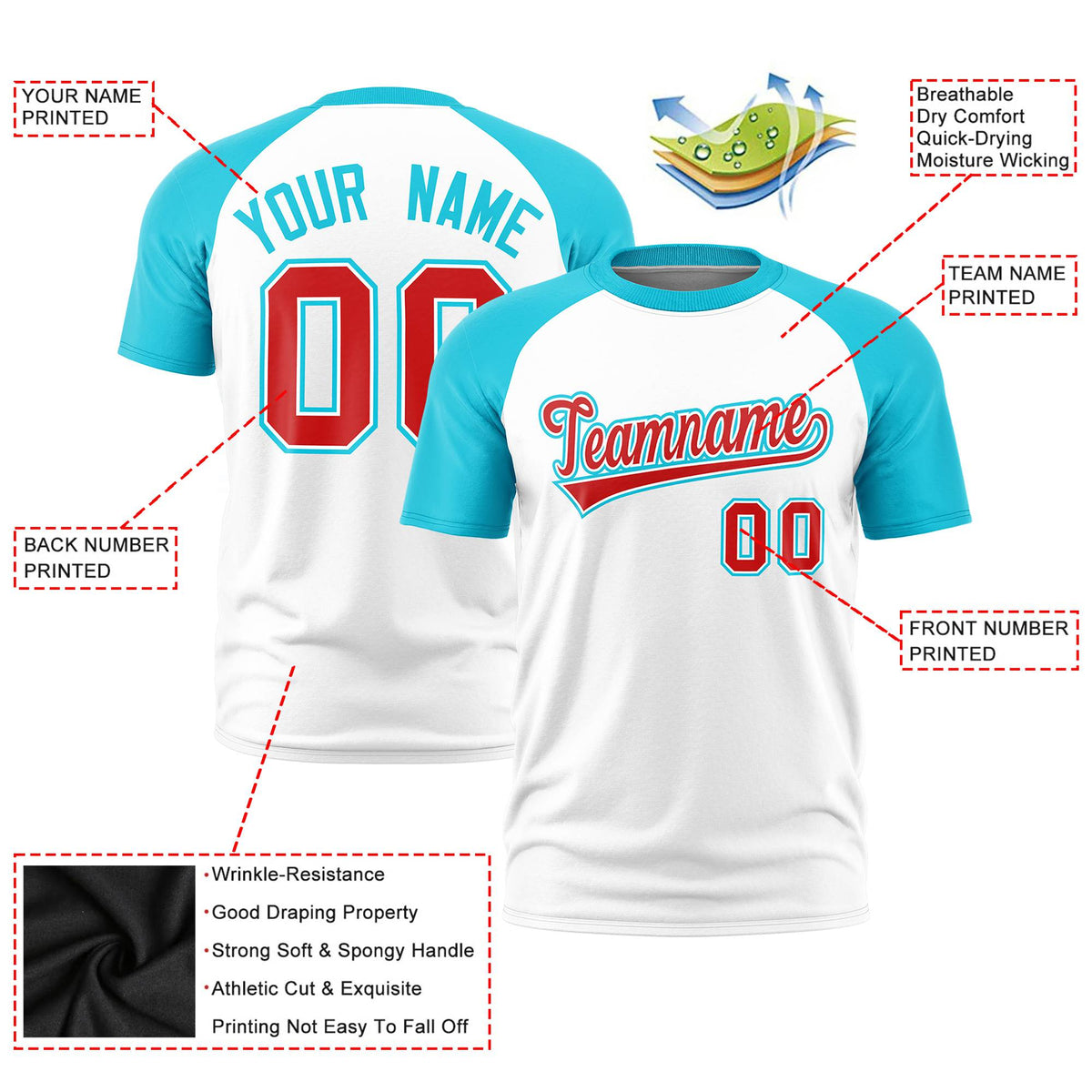 Custom White Sky Blue Raglan Sleeves Performance T-Shirt