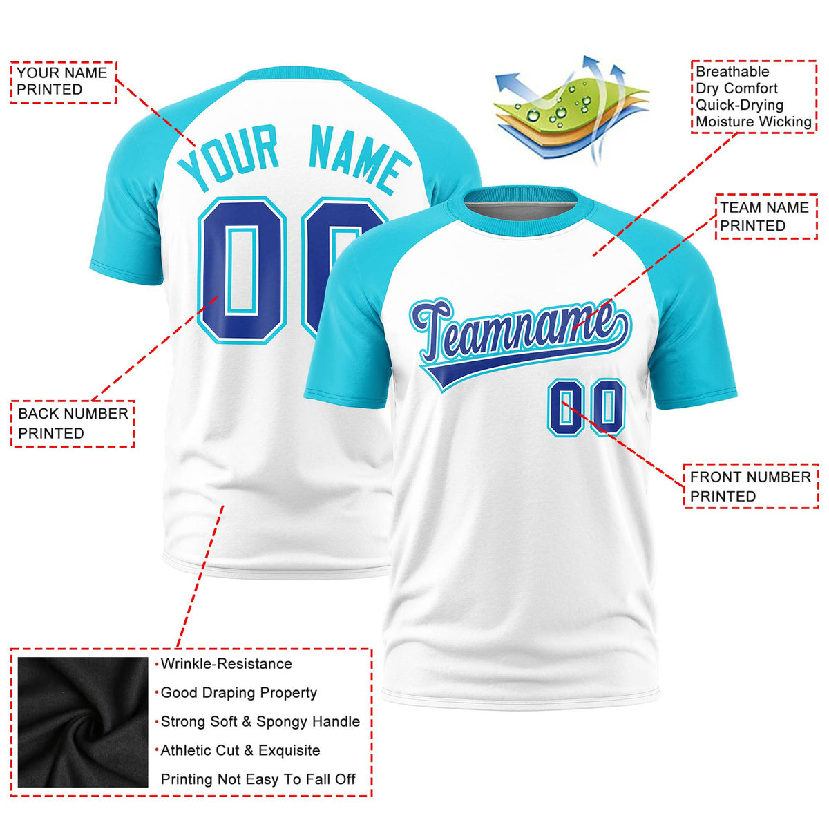 Custom White Sky Blue Raglan Sleeves Performance T-Shirt