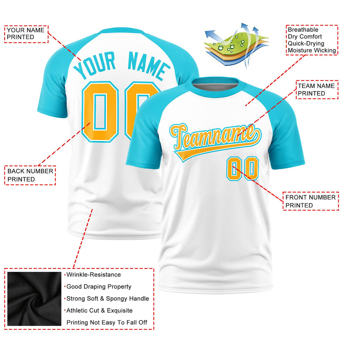 Custom White Sky Blue Raglan Sleeves Performance T-Shirt