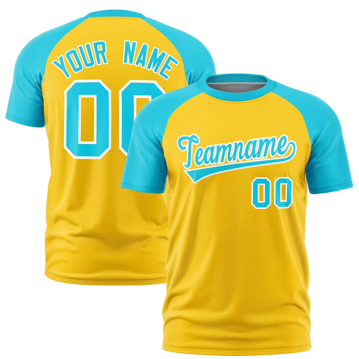 Custom Gold Sky Blue Raglan Sleeves Performance T-Shirt