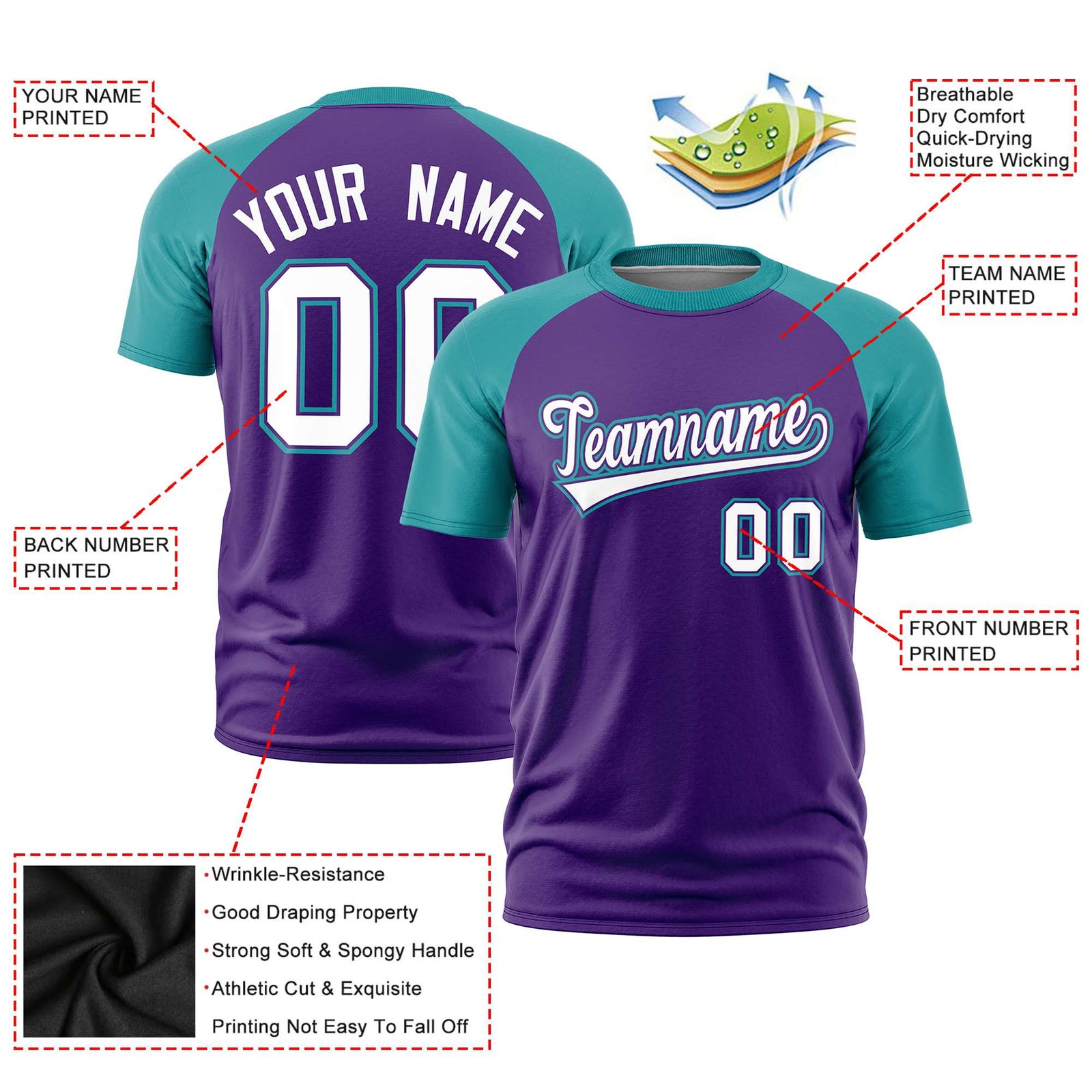 Custom Purple Aqua Raglan Sleeves Performance T-Shirt