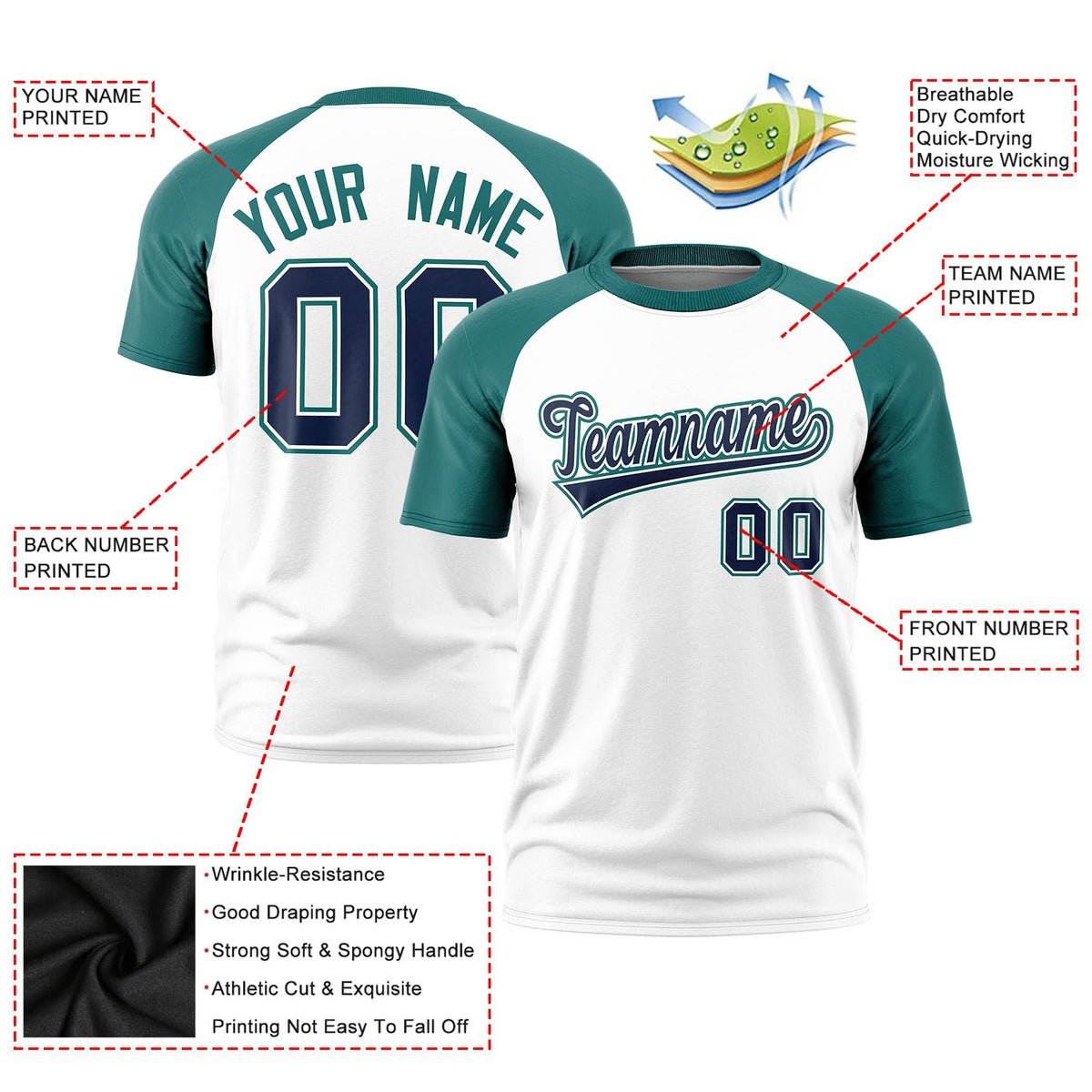 Custom White Aqua Raglan Sleeves Performance T-Shirt