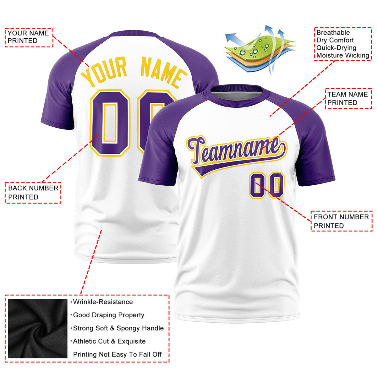 Custom White Purple Raglan Sleeves Performance T-Shirt