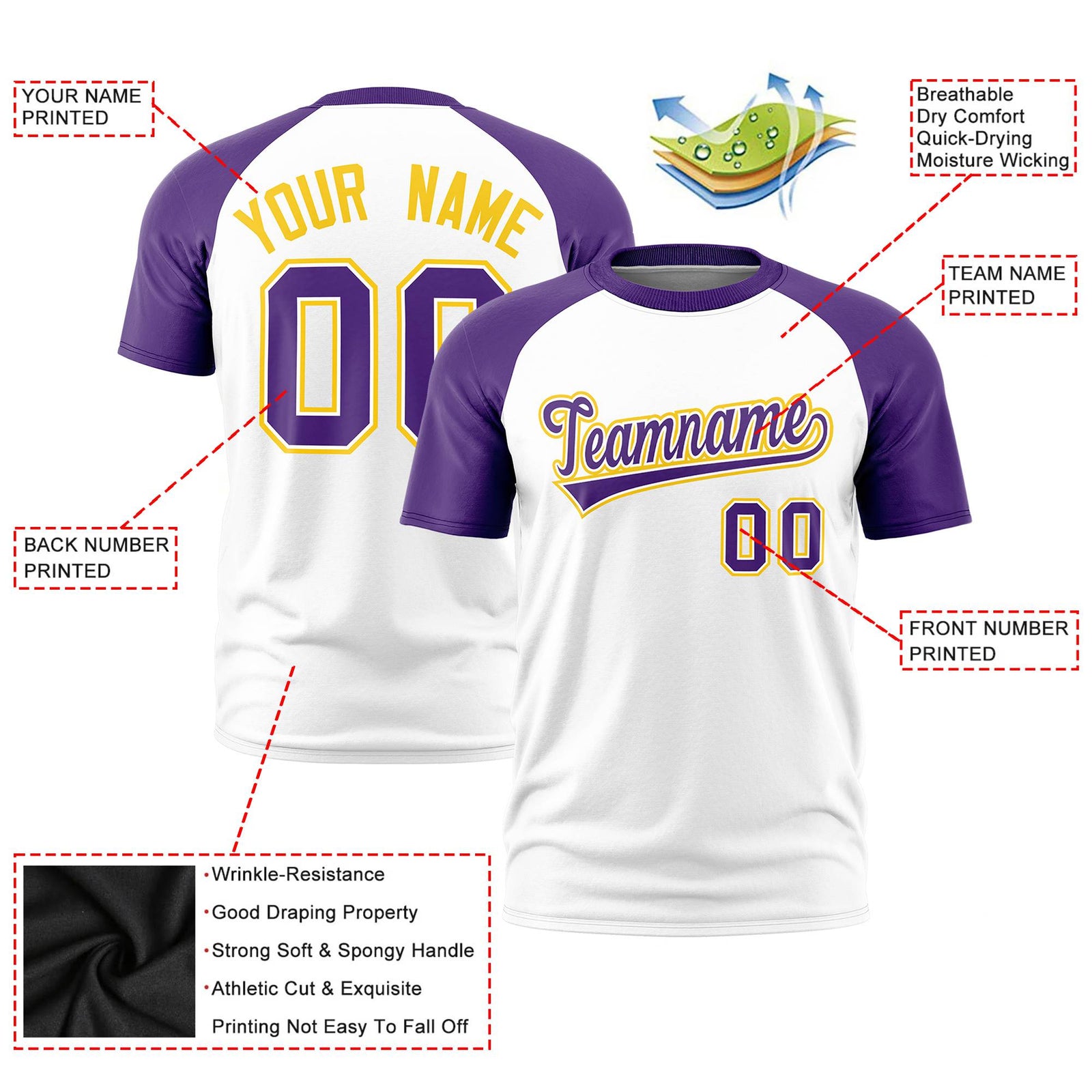Custom White Purple Raglan Sleeves Performance T-Shirt