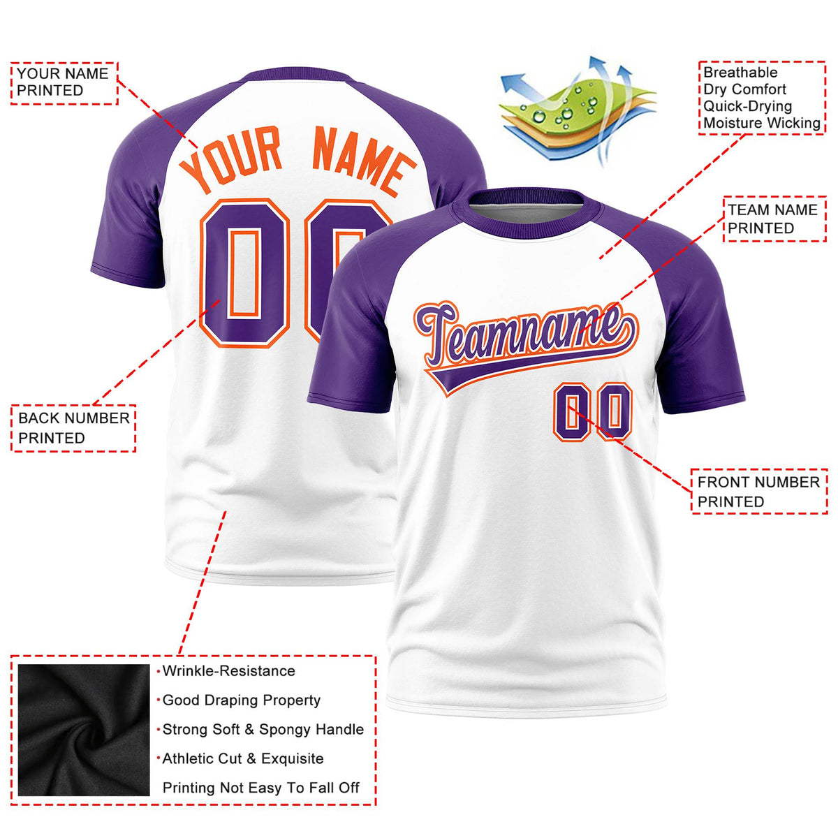 Custom White Purple Raglan Sleeves Performance T-Shirt
