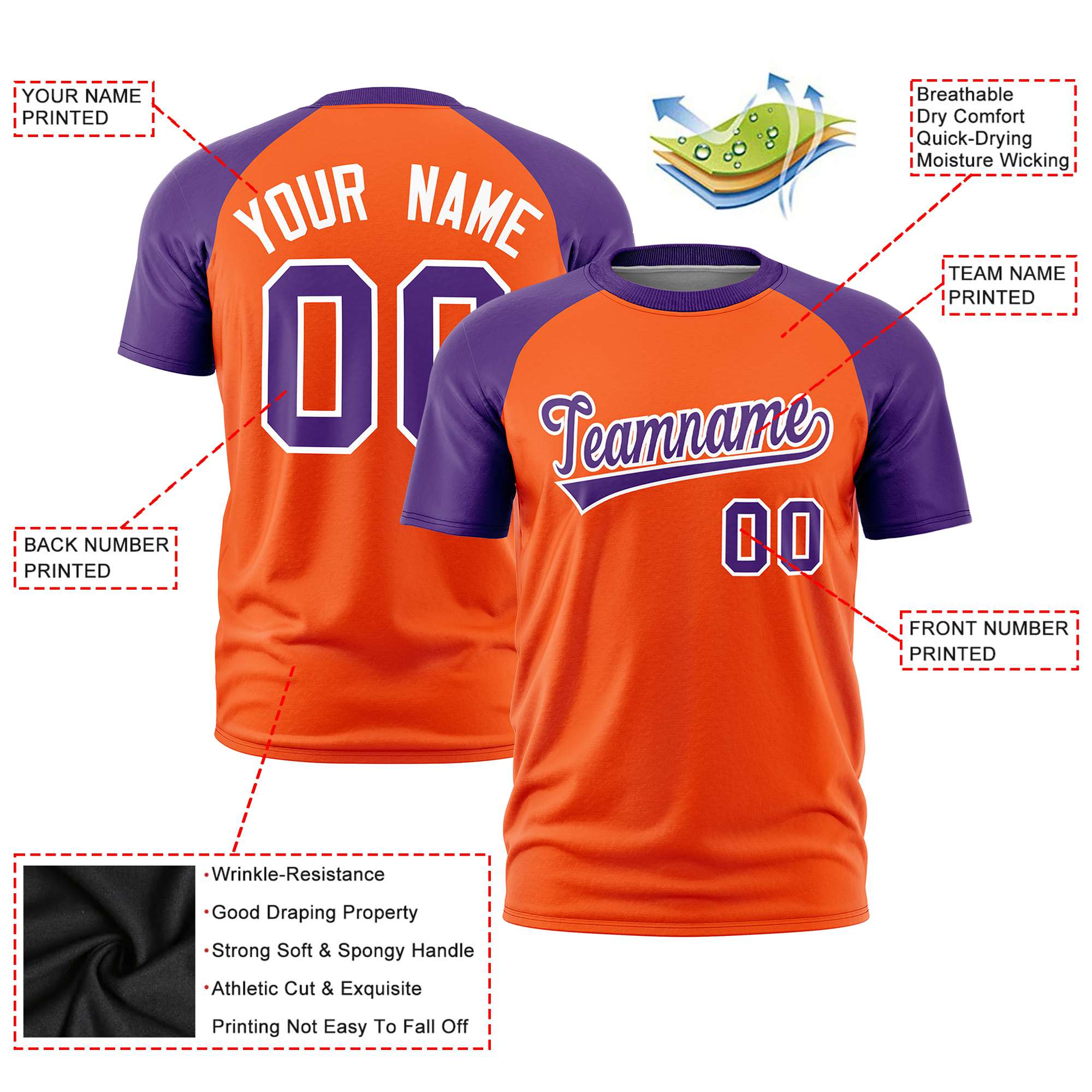 Custom Orange Purple Raglan Sleeves Performance T-Shirt