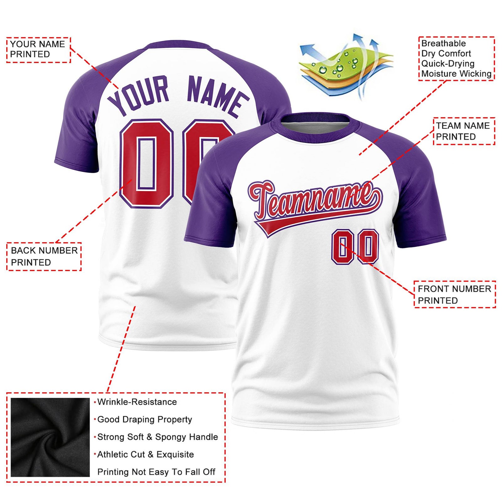 Custom White Purple Raglan Sleeves Performance T-Shirt