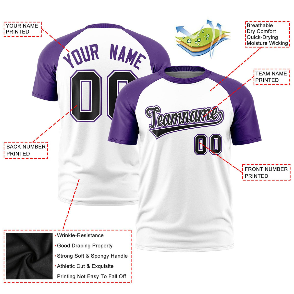 Custom White Purple Raglan Sleeves Performance T-Shirt