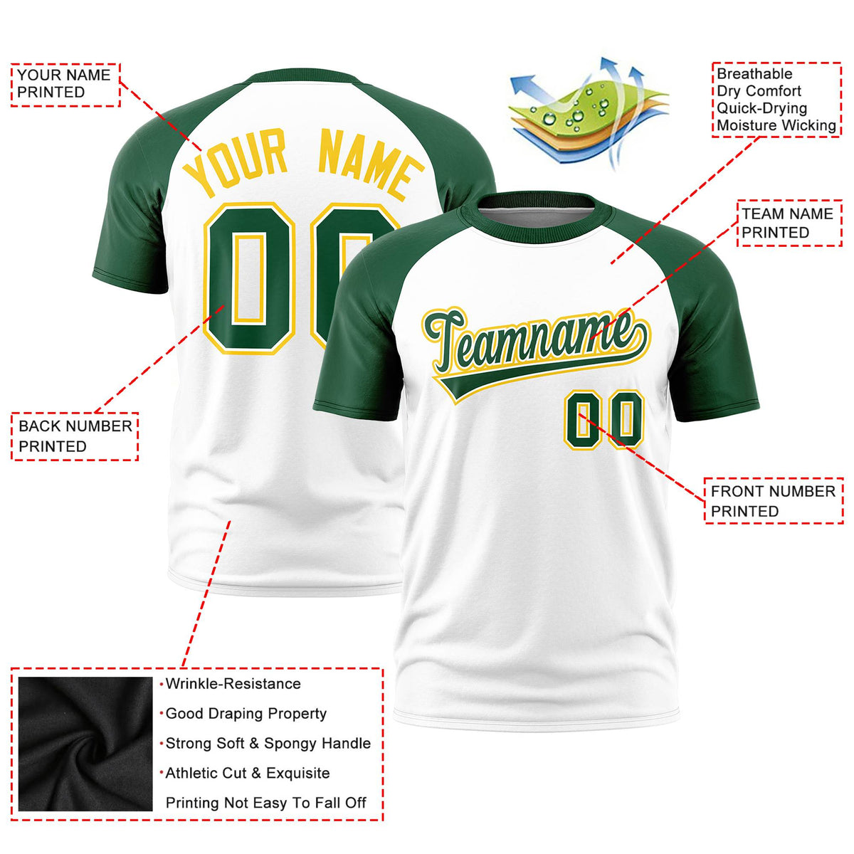 Custom White Green Raglan Sleeves Performance T-Shirt