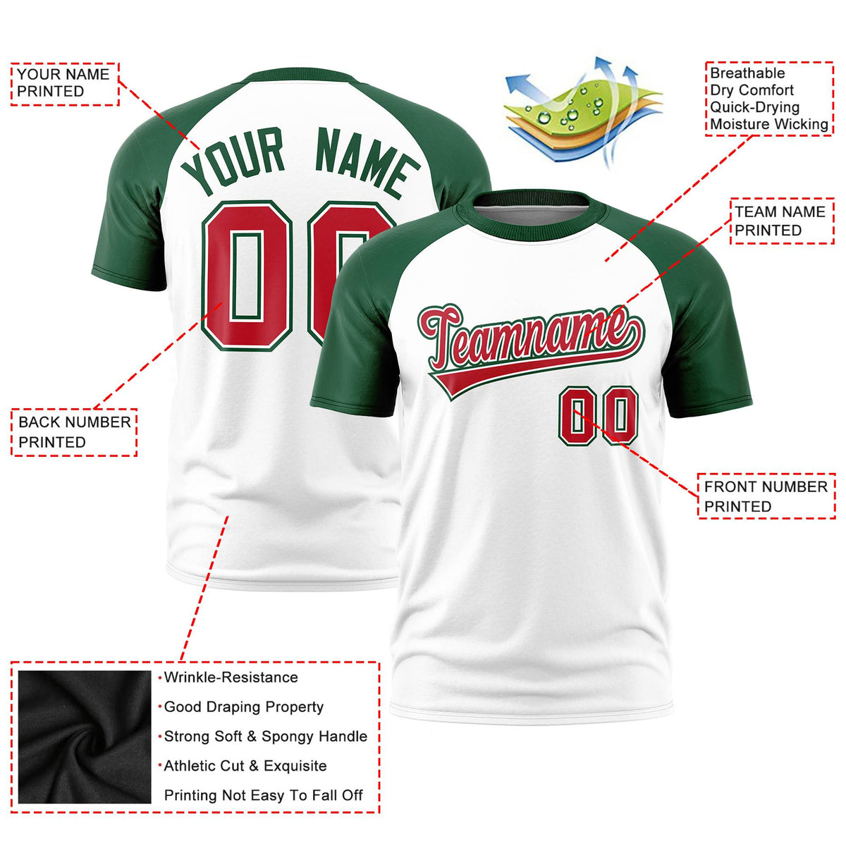 Custom White Green Raglan Sleeves Performance T-Shirt