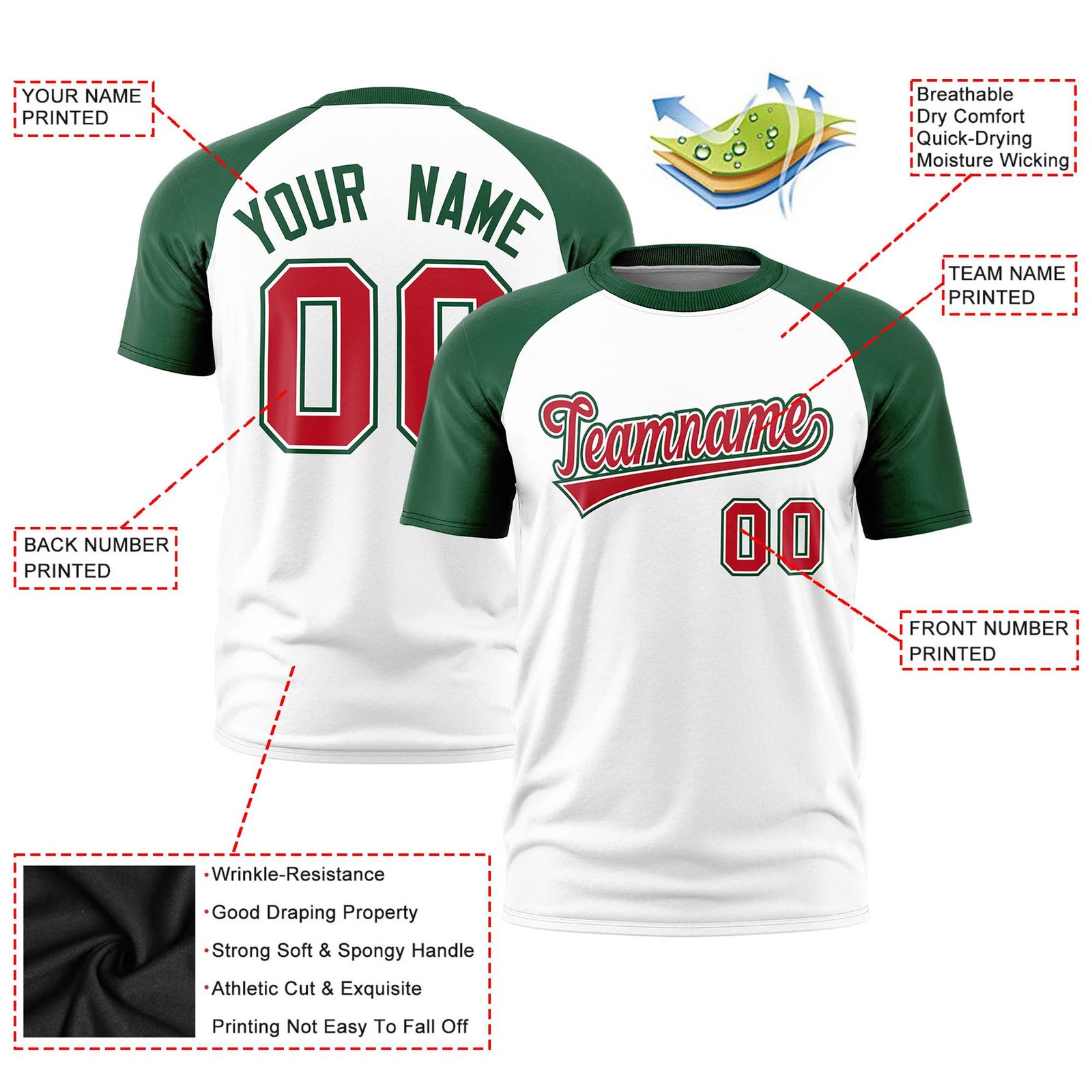 Custom White Green Raglan Sleeves Performance T-Shirt