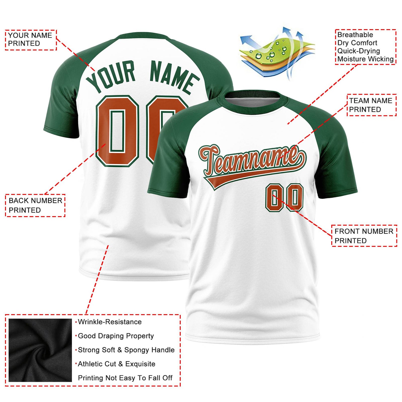 Custom White Green Raglan Sleeves Performance T-Shirt