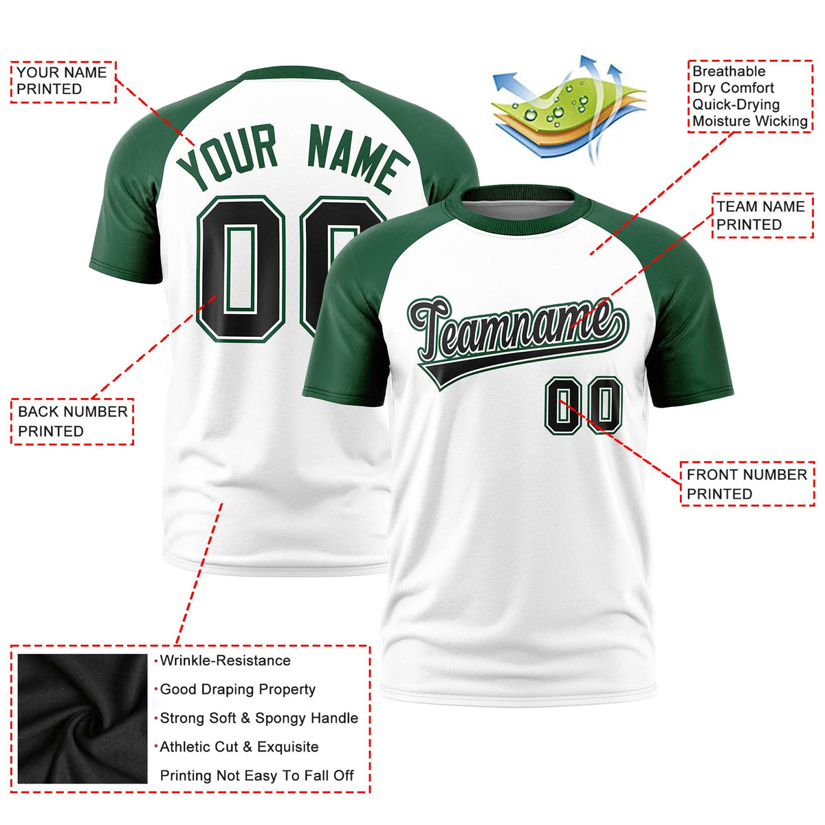 Custom White Green Raglan Sleeves Performance T-Shirt