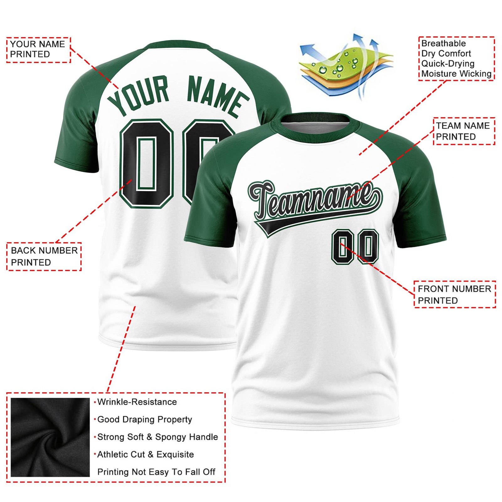 Custom White Green Raglan Sleeves Performance T-Shirt