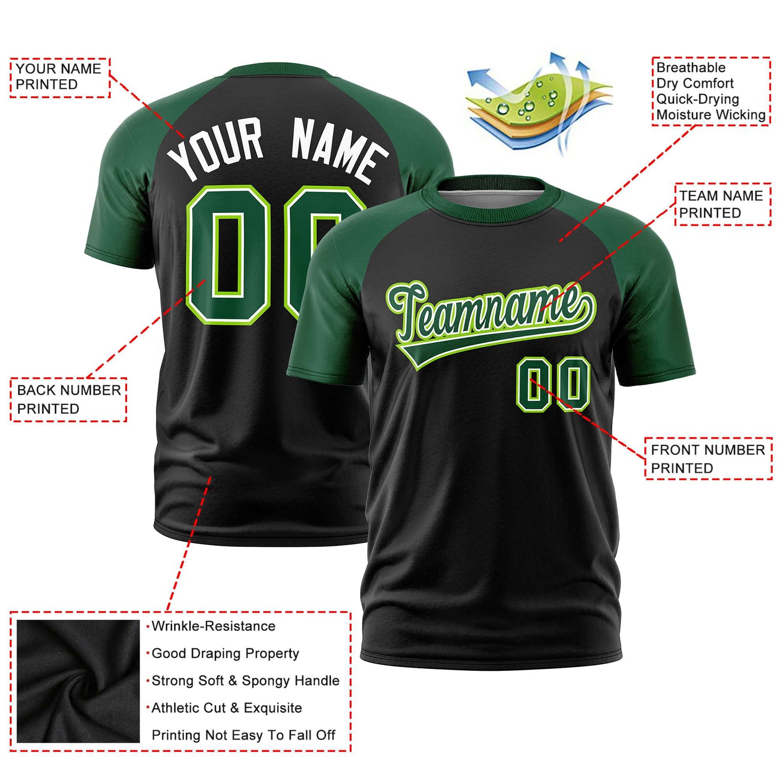 Custom White Green Raglan Sleeves Performance T-Shirt