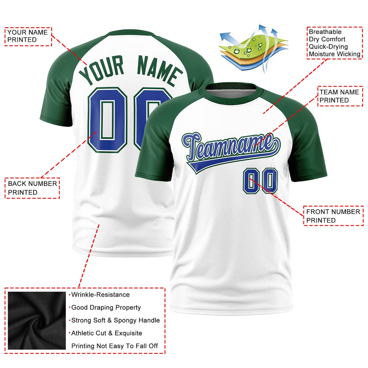 Custom White Green Raglan Sleeves Performance T-Shirt