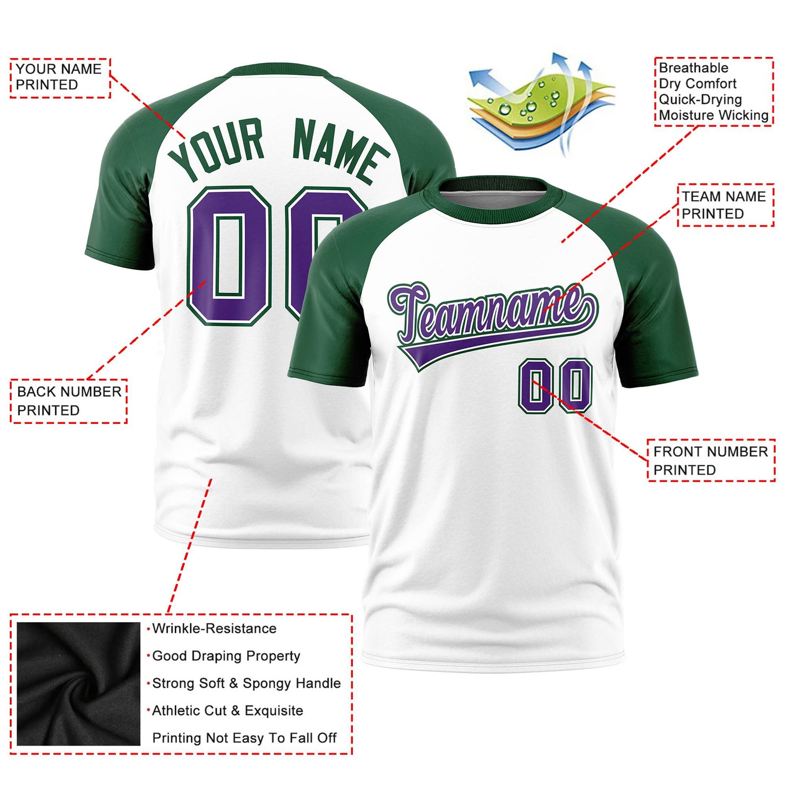 Custom White Green Raglan Sleeves Performance T-Shirt