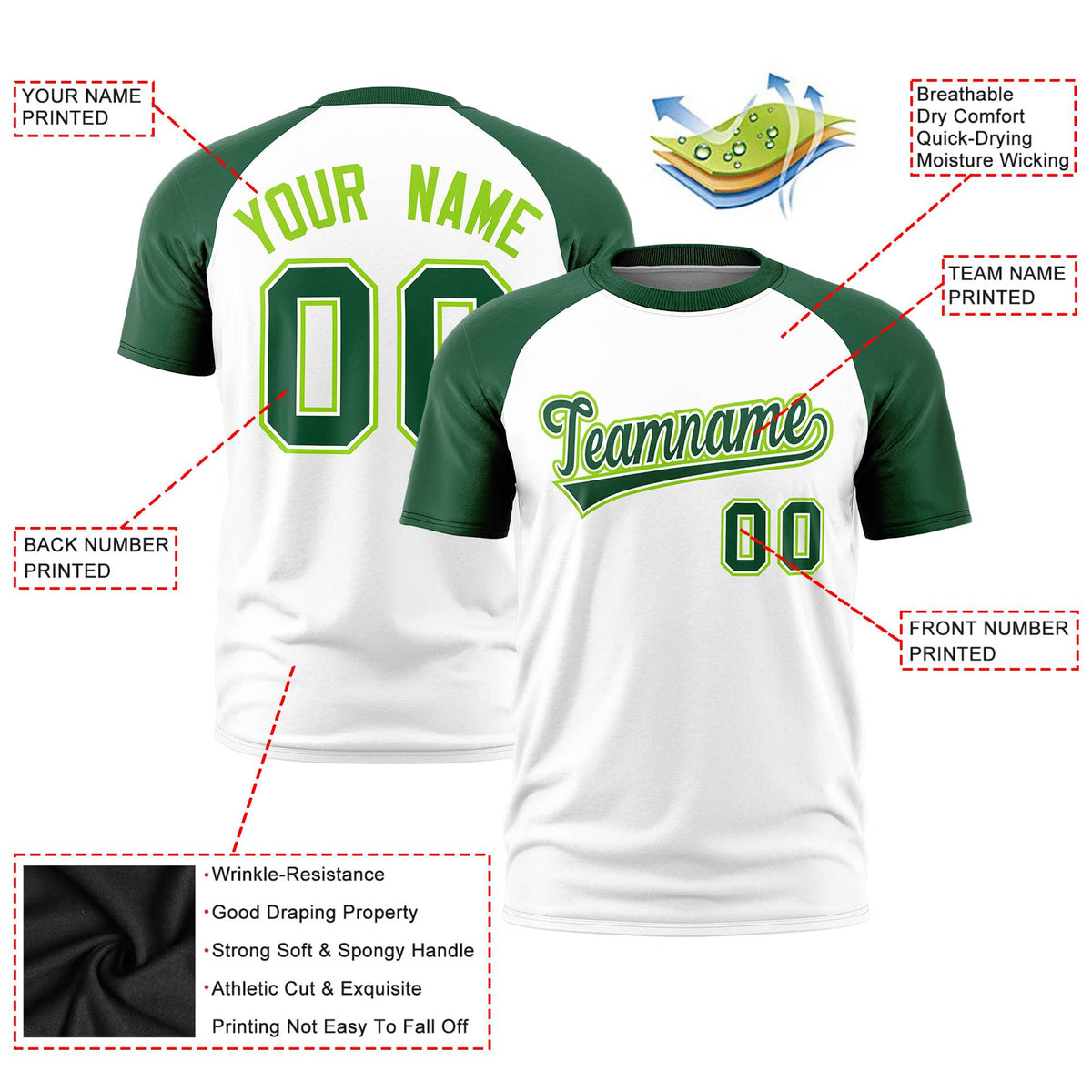 Custom White Green Raglan Sleeves Performance T-Shirt