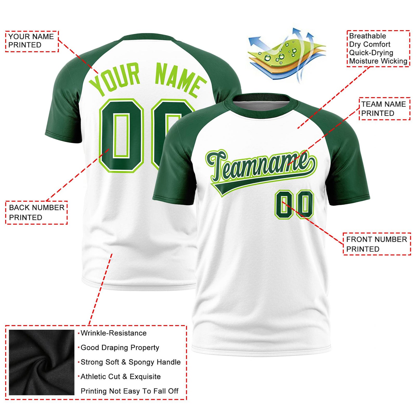 Custom White Green Raglan Sleeves Performance T-Shirt